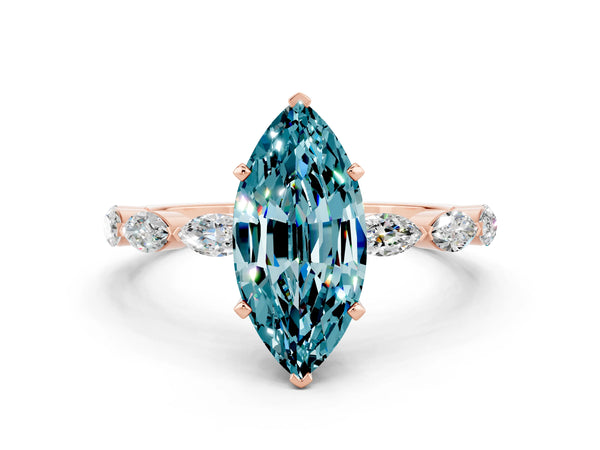 Rose gold Marquise Cut Blue Topaz Ring with Marquise Side Stones and Prong Setting