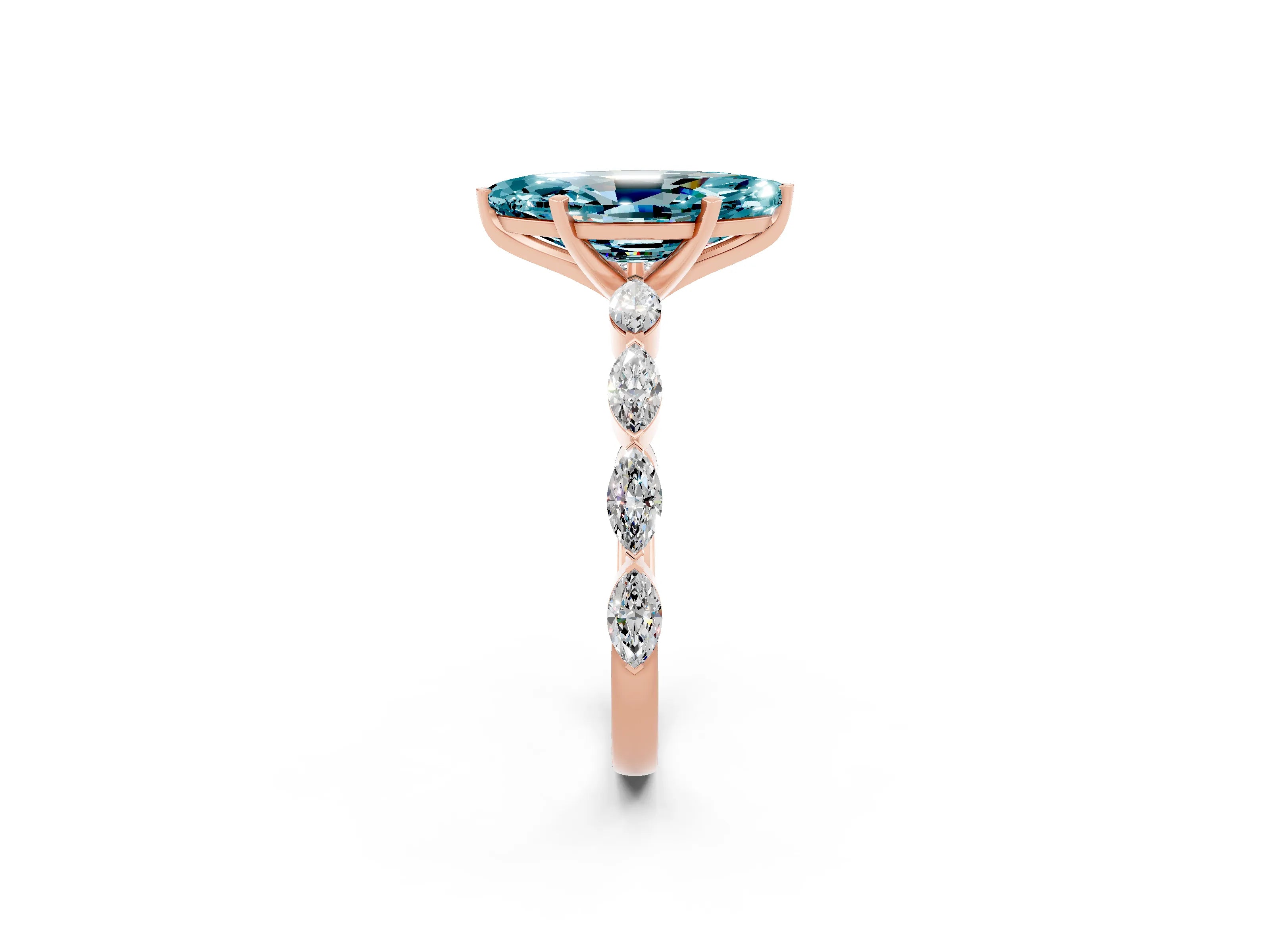 Rose gold Marquise Cut Blue Topaz Ring with Marquise Side Stones and Prong Setting_2