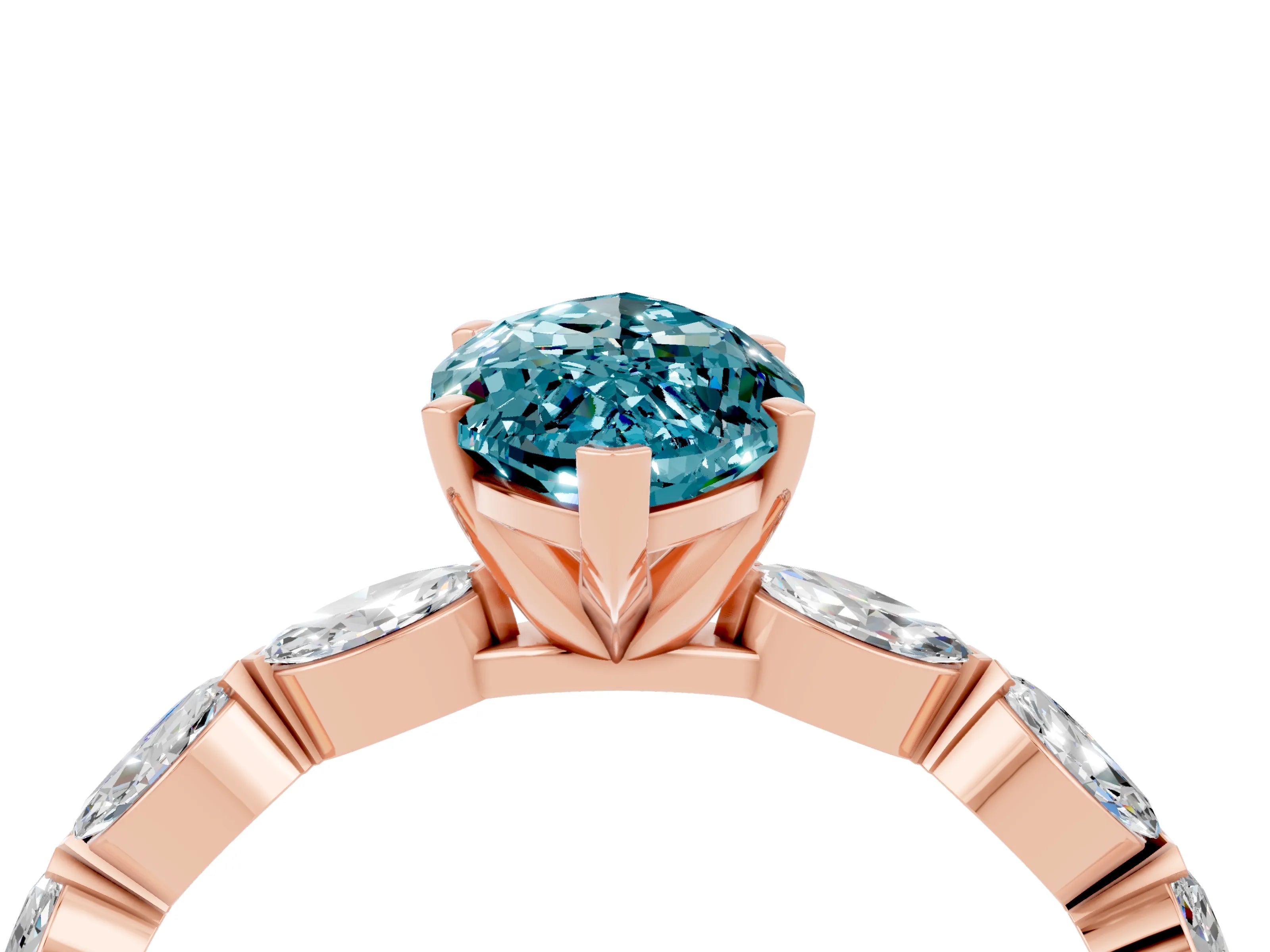 Rose gold Marquise Cut Blue Topaz Ring with Marquise Side Stones and Prong Setting_4