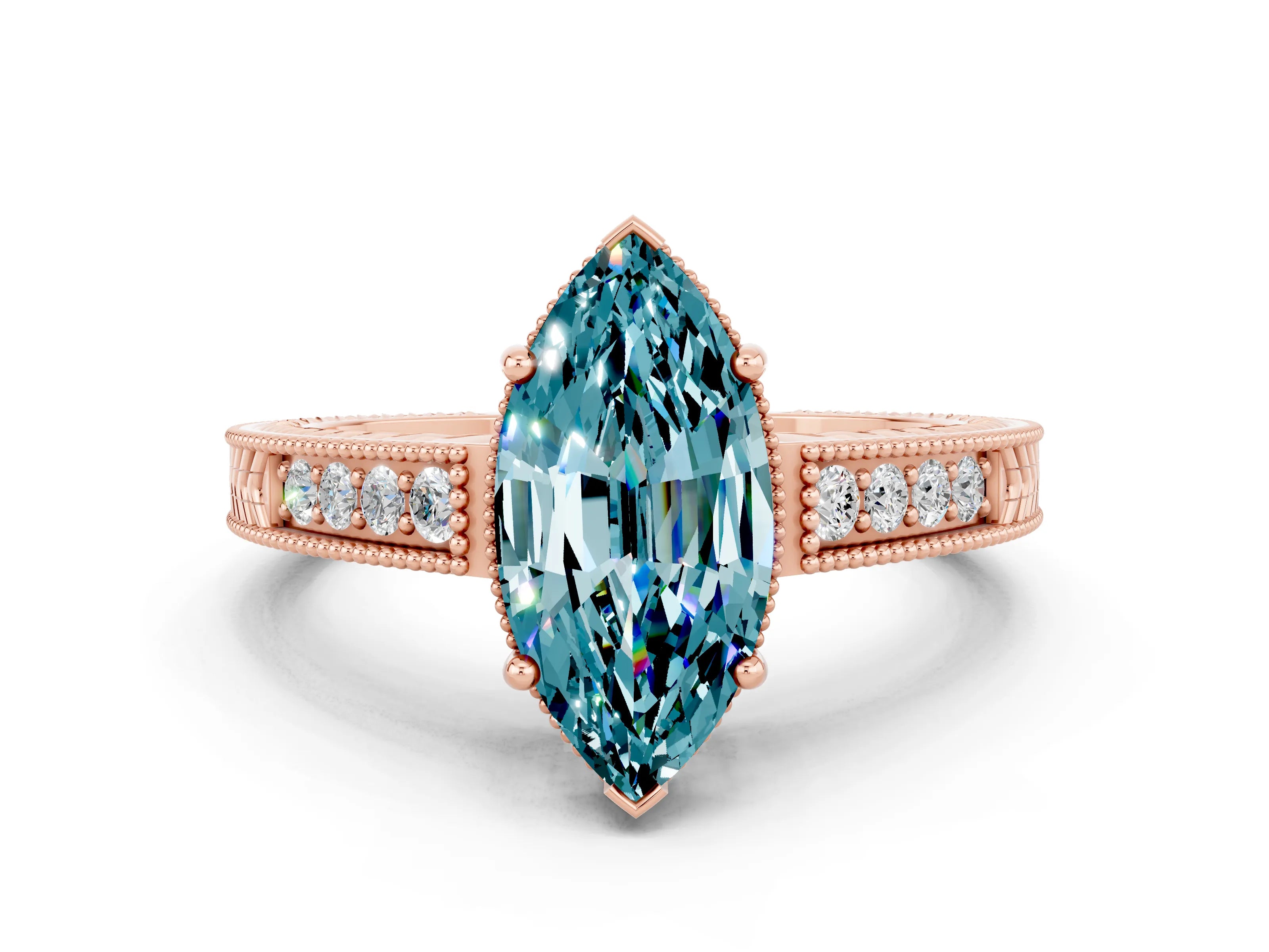 Rose gold Marquise Cut Blue Topaz Ring with Milgrain Pavé Band and Four-Prong Setting_12