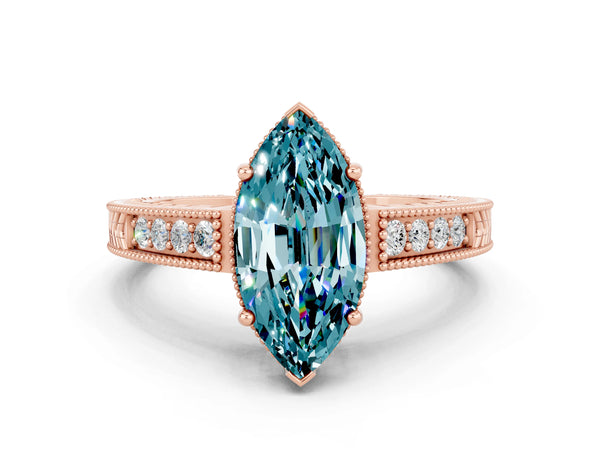 Rose gold Marquise Cut Blue Topaz Ring with Milgrain Pavé Band and Four-Prong Setting