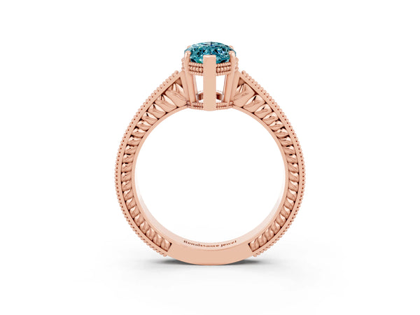 Rose gold Marquise Cut Blue Topaz Ring with Milgrain Pavé Band and Four-Prong Setting