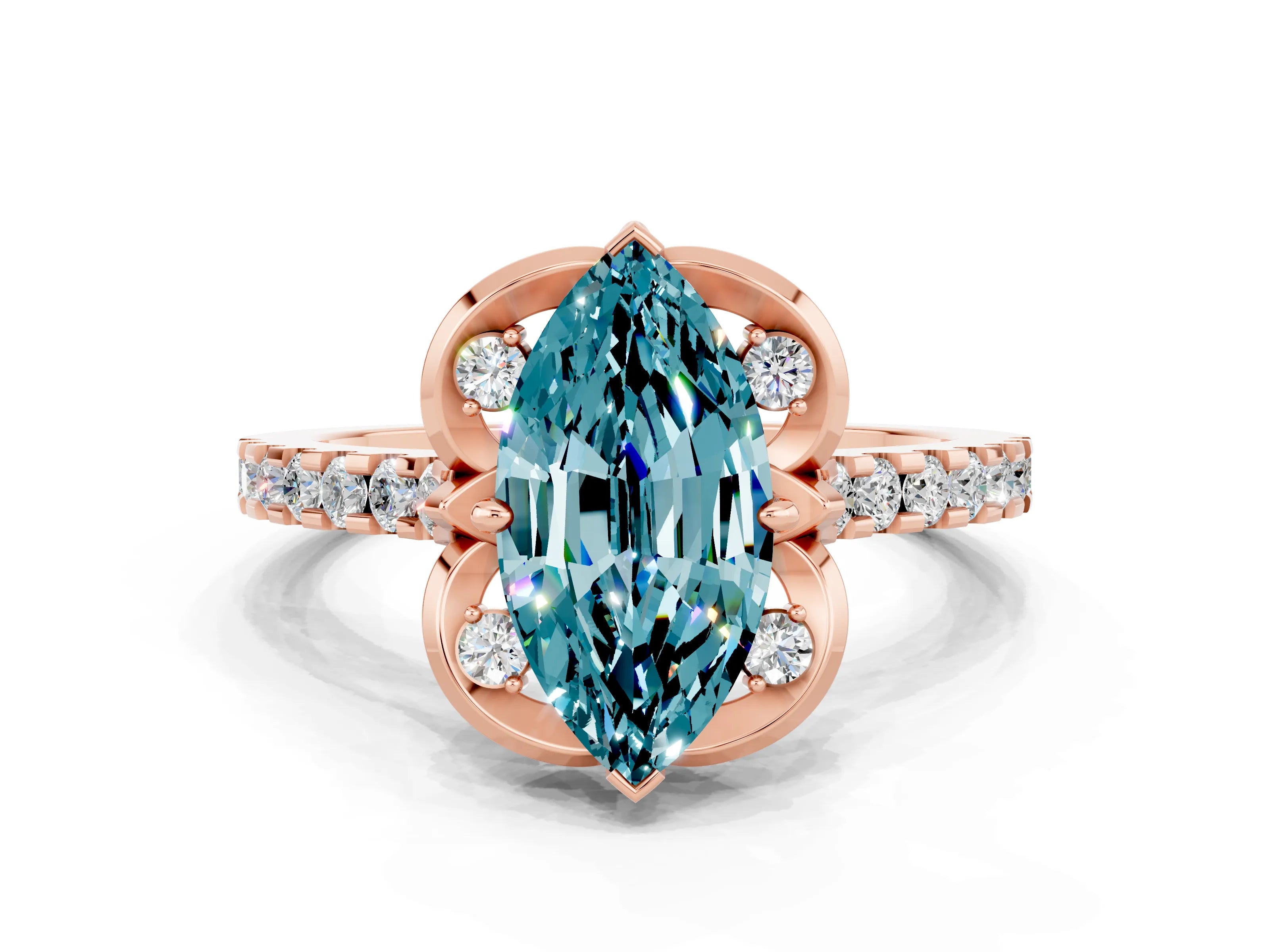 Rose gold Marquise Cut Blue Topaz Ring with Pavé Band and Floral Prong Setting