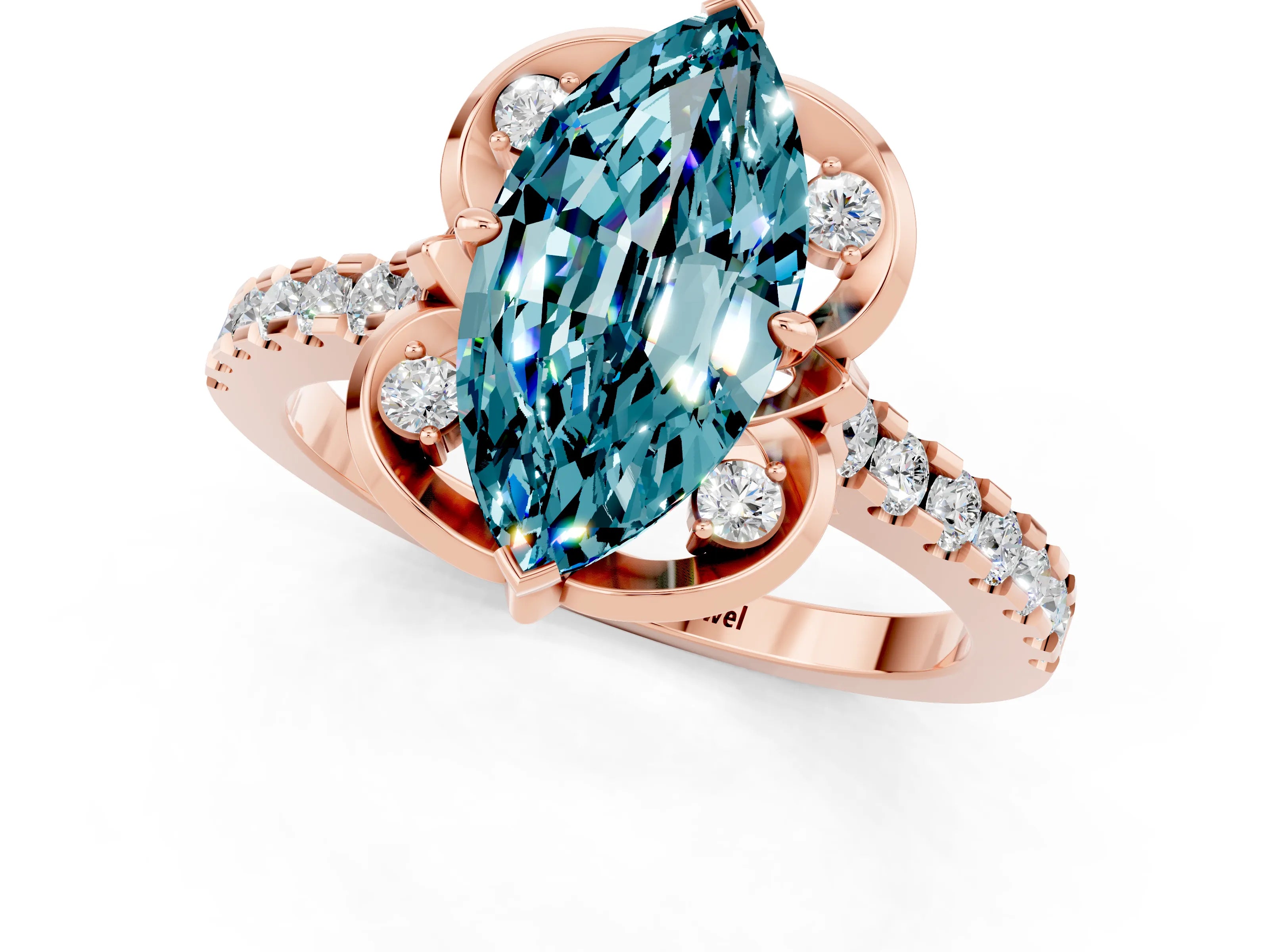 Rose gold Marquise Cut Blue Topaz Ring with Pavé Band and Floral Prong Setting_1