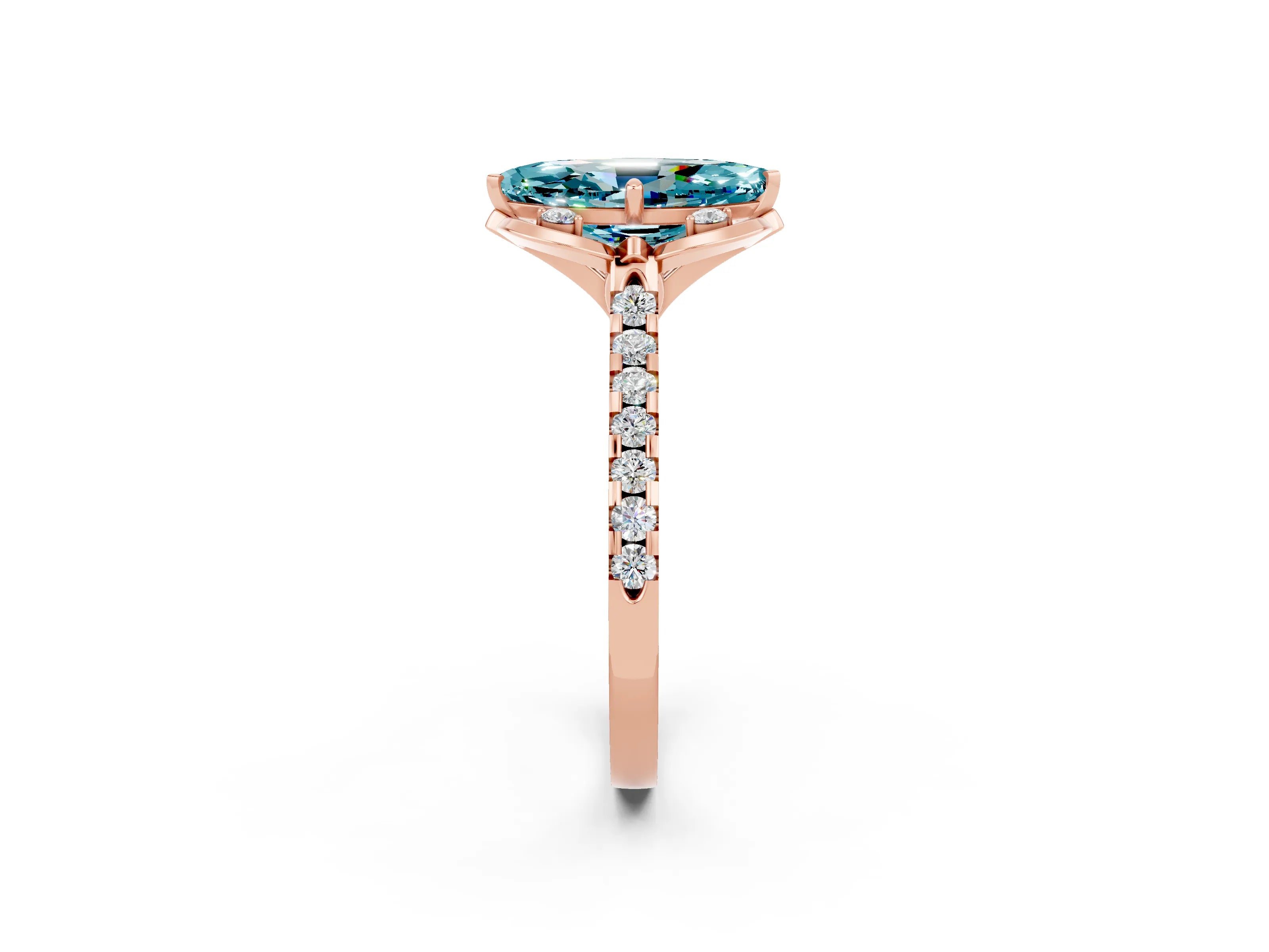 Rose gold Marquise Cut Blue Topaz Ring with Pavé Band and Floral Prong Setting_2