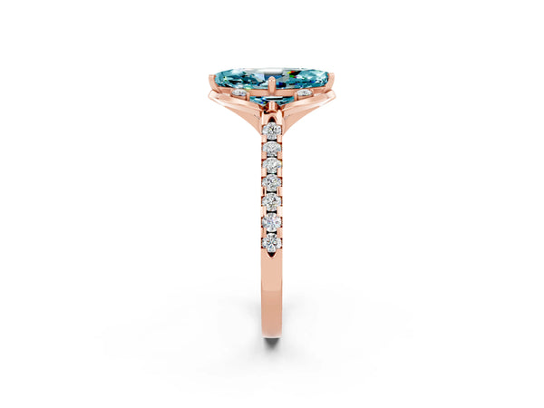 Rose gold Marquise Cut Blue Topaz Ring with Pavé Band and Floral Prong Setting