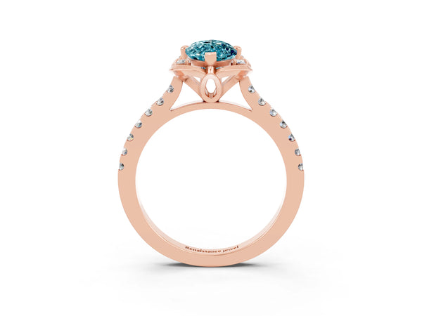 Rose gold Marquise Cut Blue Topaz Ring with Pavé Band and Floral Prong Setting
