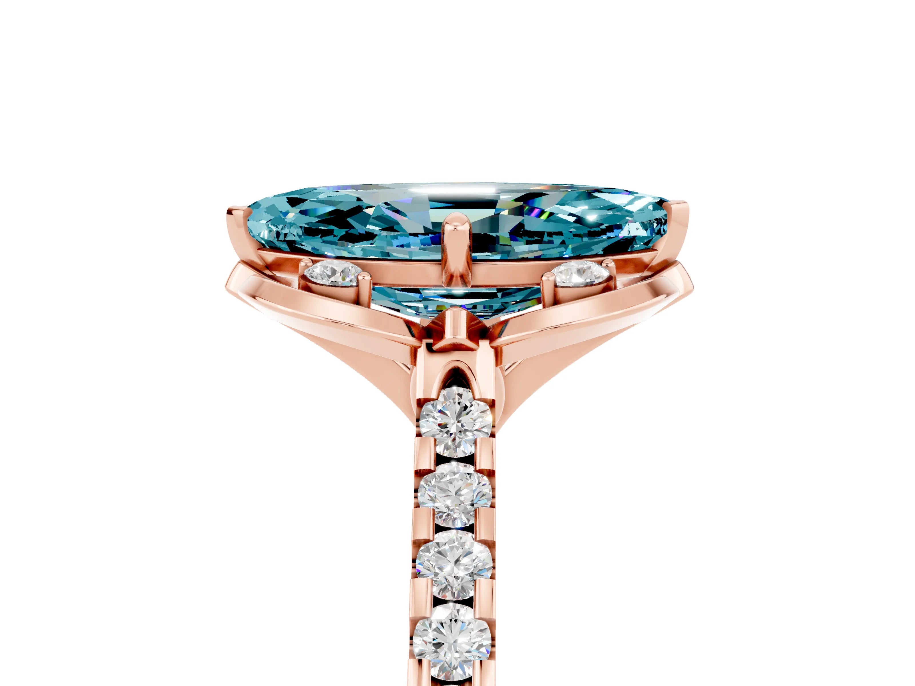 Rose gold Marquise Cut Blue Topaz Ring with Pavé Band and Floral Prong Setting_5