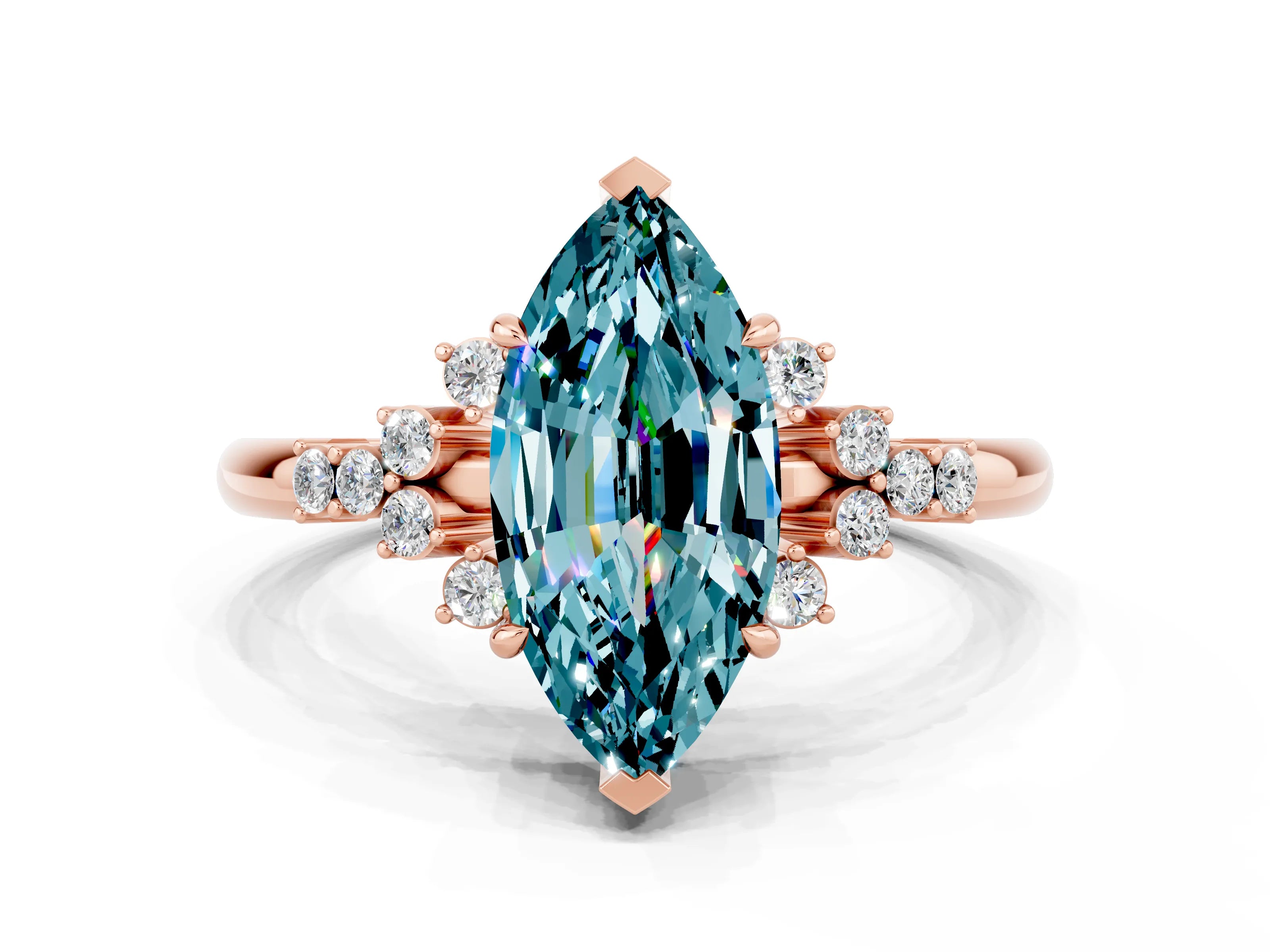 Rose gold Marquise Cut Blue Topaz Ring with Side Stones and Four-Prong Setting_36