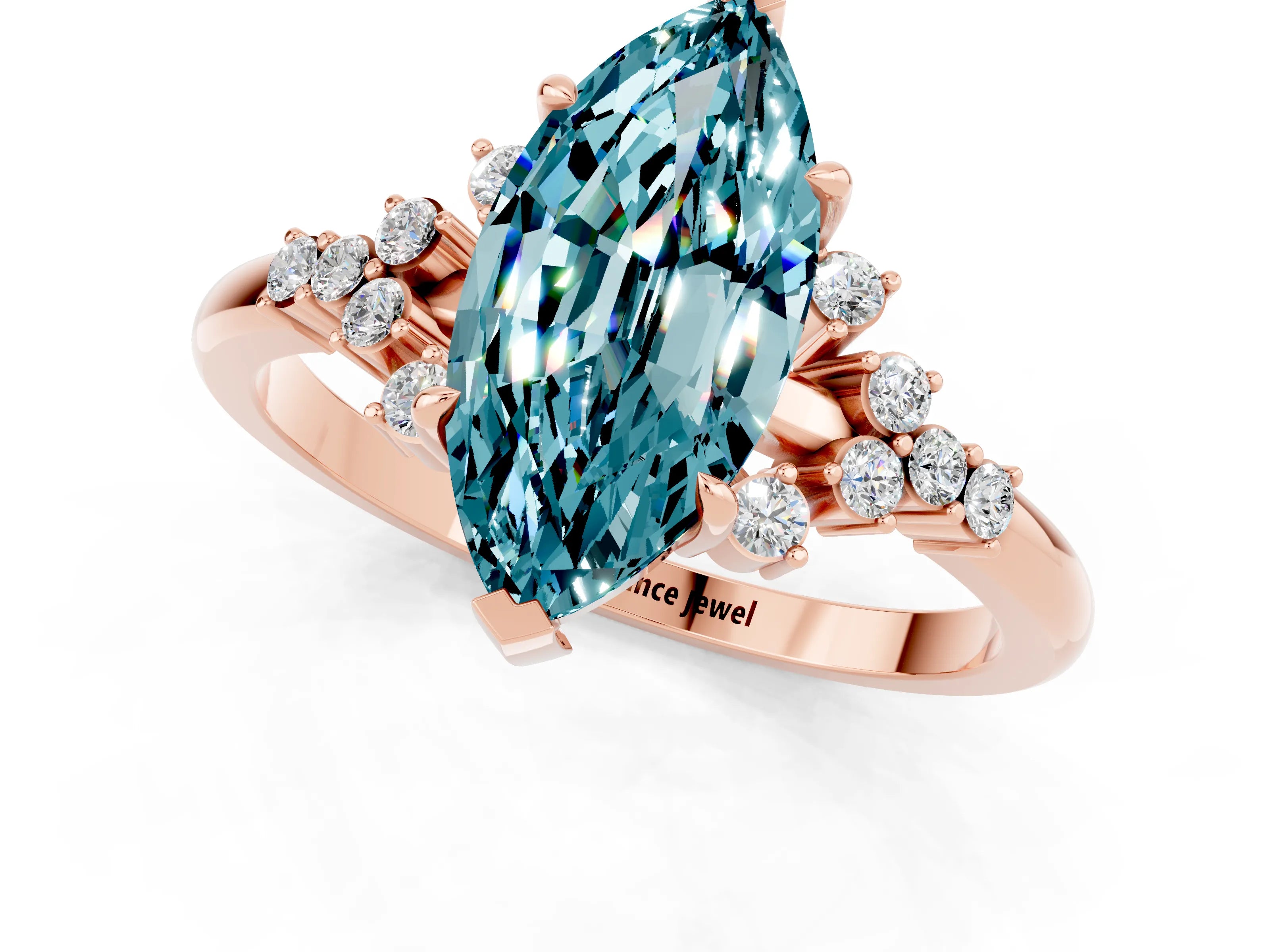 Rose gold Marquise Cut Blue Topaz Ring with Side Stones and Four-Prong Setting_37