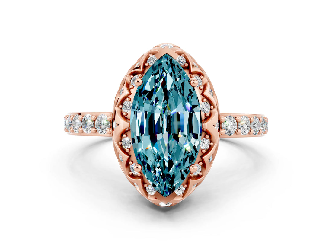 Rose gold Marquise Cut Blue Topaz Scalloped Halo Engagement Ring with Round Shared Prong Band_12