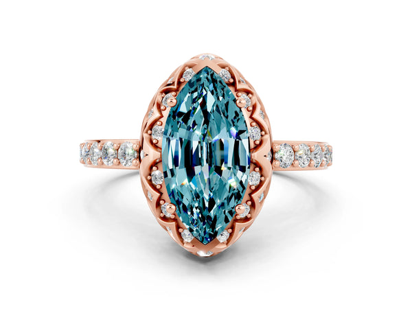 Rose gold Marquise Cut Blue Topaz Scalloped Halo Engagement Ring with Round Shared Prong Band