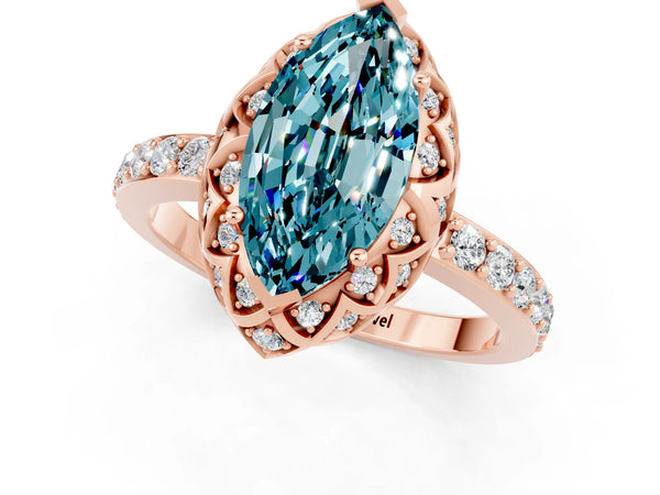 Rose gold Marquise Cut Blue Topaz Scalloped Halo Engagement Ring with Round Shared Prong Band
