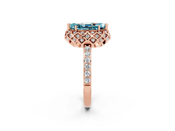 Rose gold Marquise Cut Blue Topaz Scalloped Halo Engagement Ring with Round Shared Prong Band