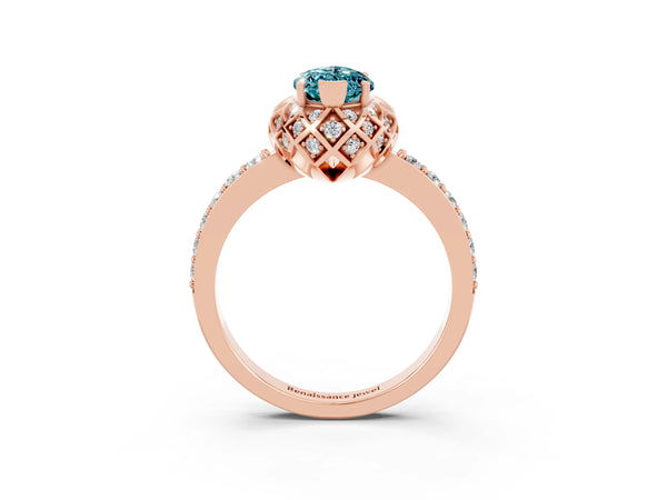 Rose gold Marquise Cut Blue Topaz Scalloped Halo Engagement Ring with Round Shared Prong Band