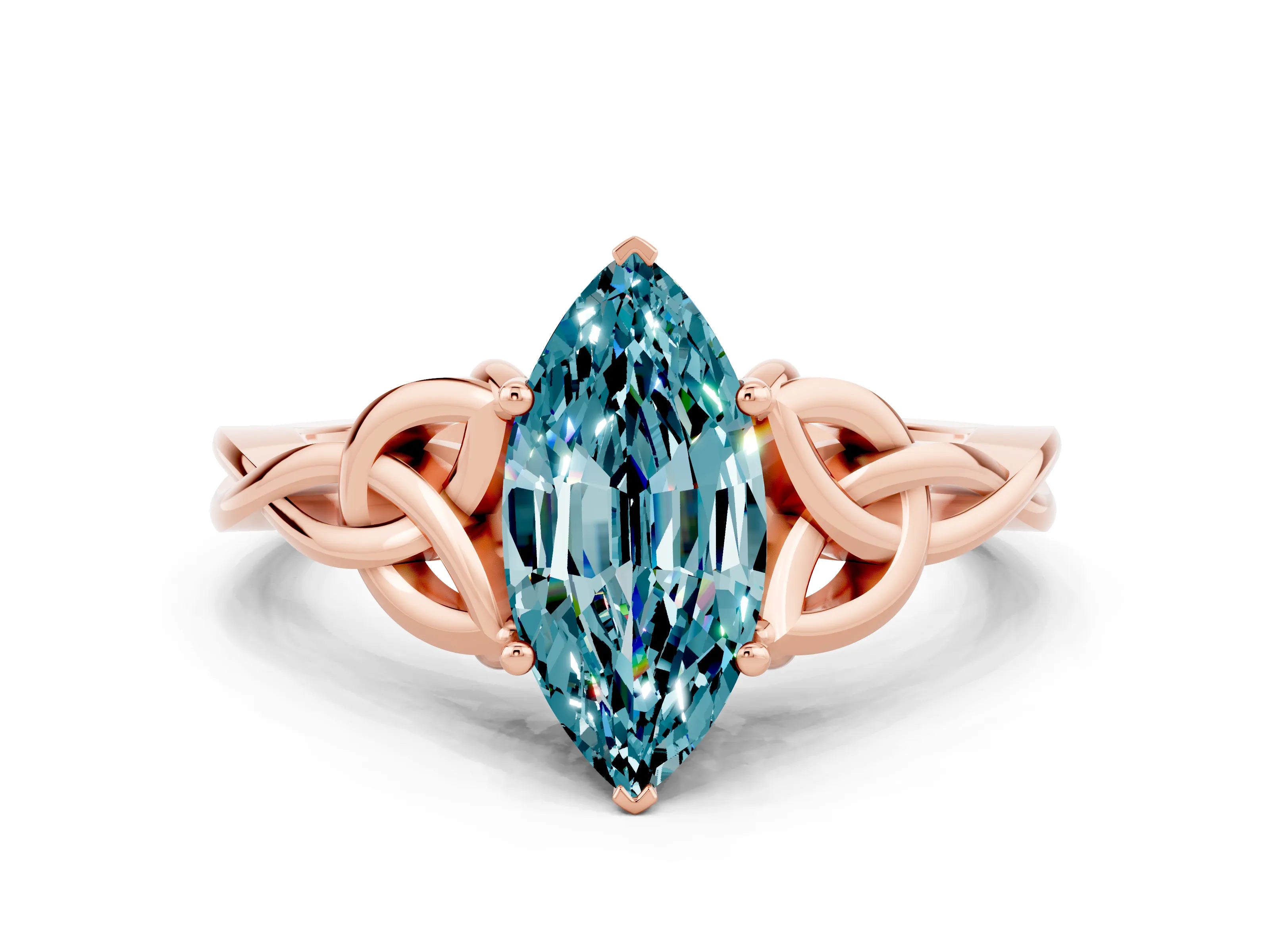 Rose gold Marquise Cut Blue Topaz Solitaire Engagement Ring with Celtic Knot Band and Four-Prong Setting