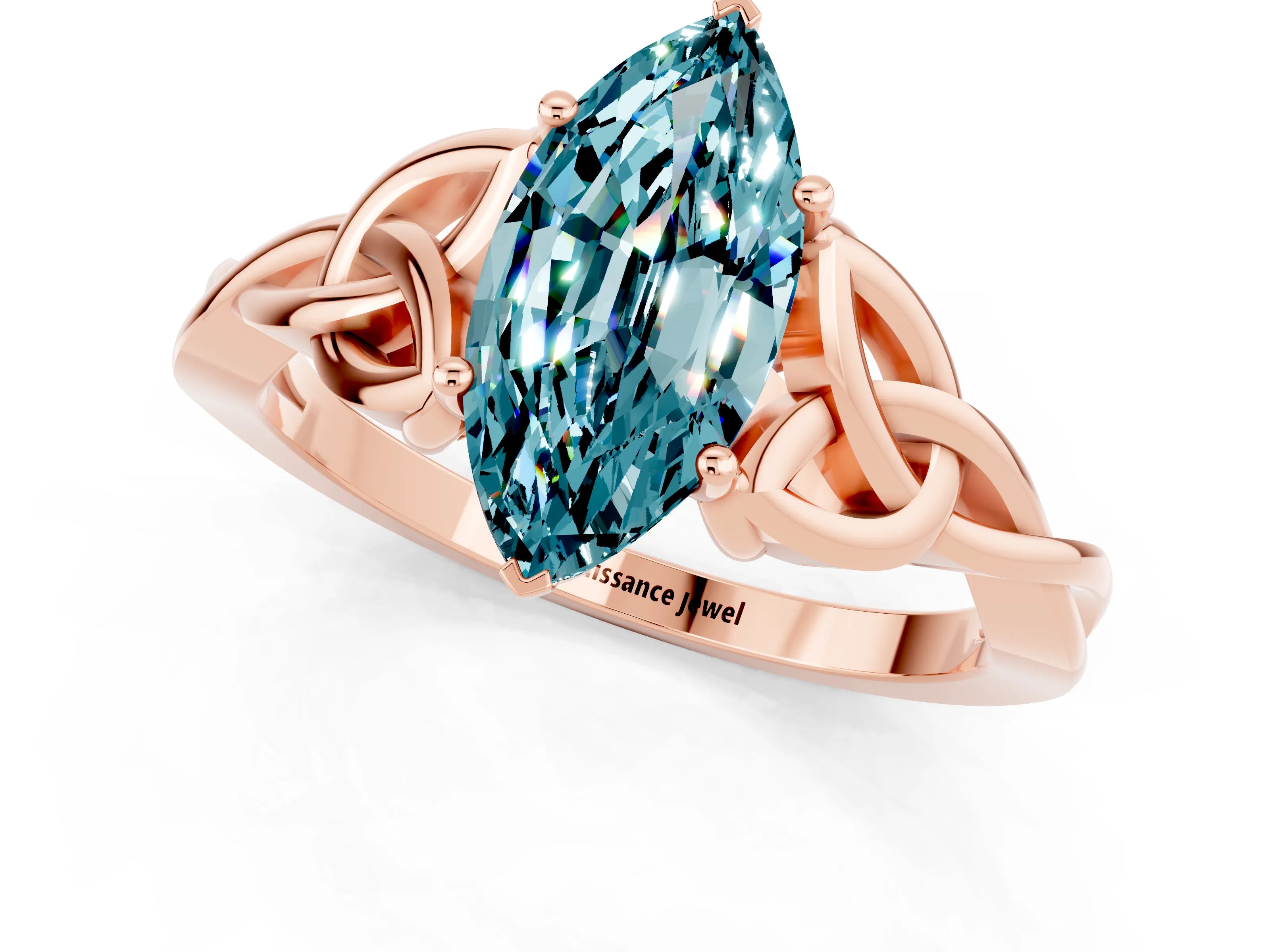 Rose gold Marquise Cut Blue Topaz Solitaire Engagement Ring with Celtic Knot Band and Four-Prong Setting_1
