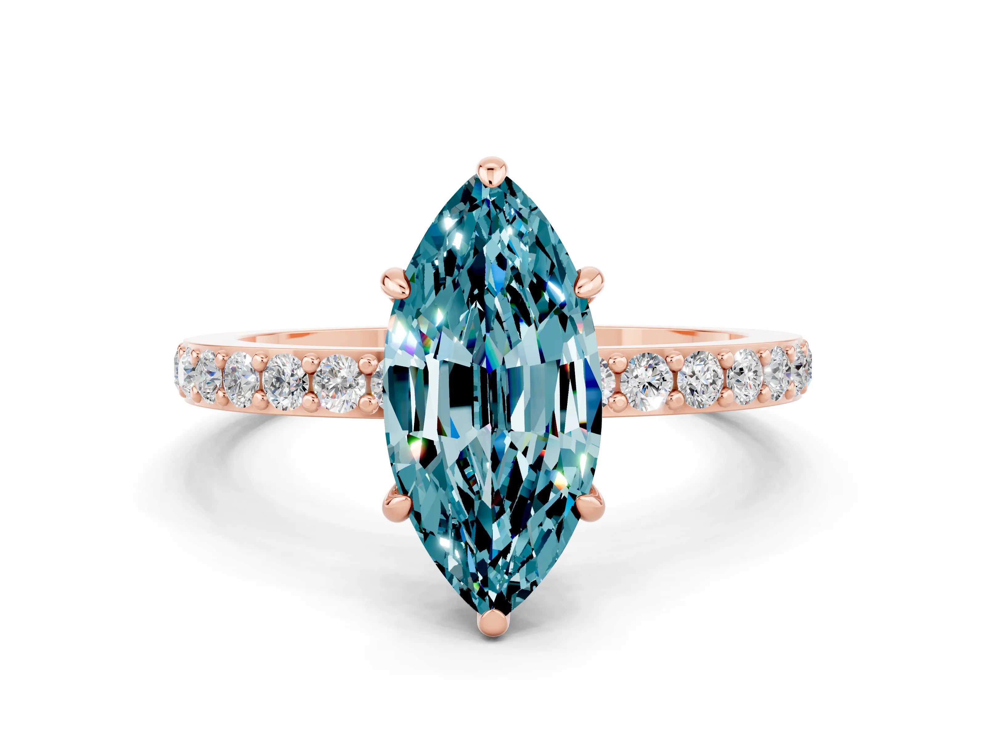 Rose gold Marquise Cut Blue Topaz Solitaire Engagement Ring with Pavé Band and Four-Prong Setting