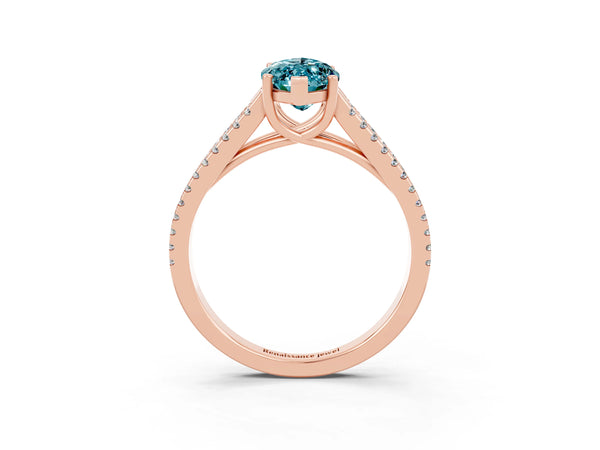 Rose gold Marquise Cut Blue Topaz Solitaire Engagement Ring with Split Shank Pavé Band