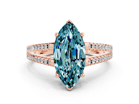 Rose gold Marquise Cut Blue Topaz Solitaire Engagement Ring with Split Shank Pavé Band