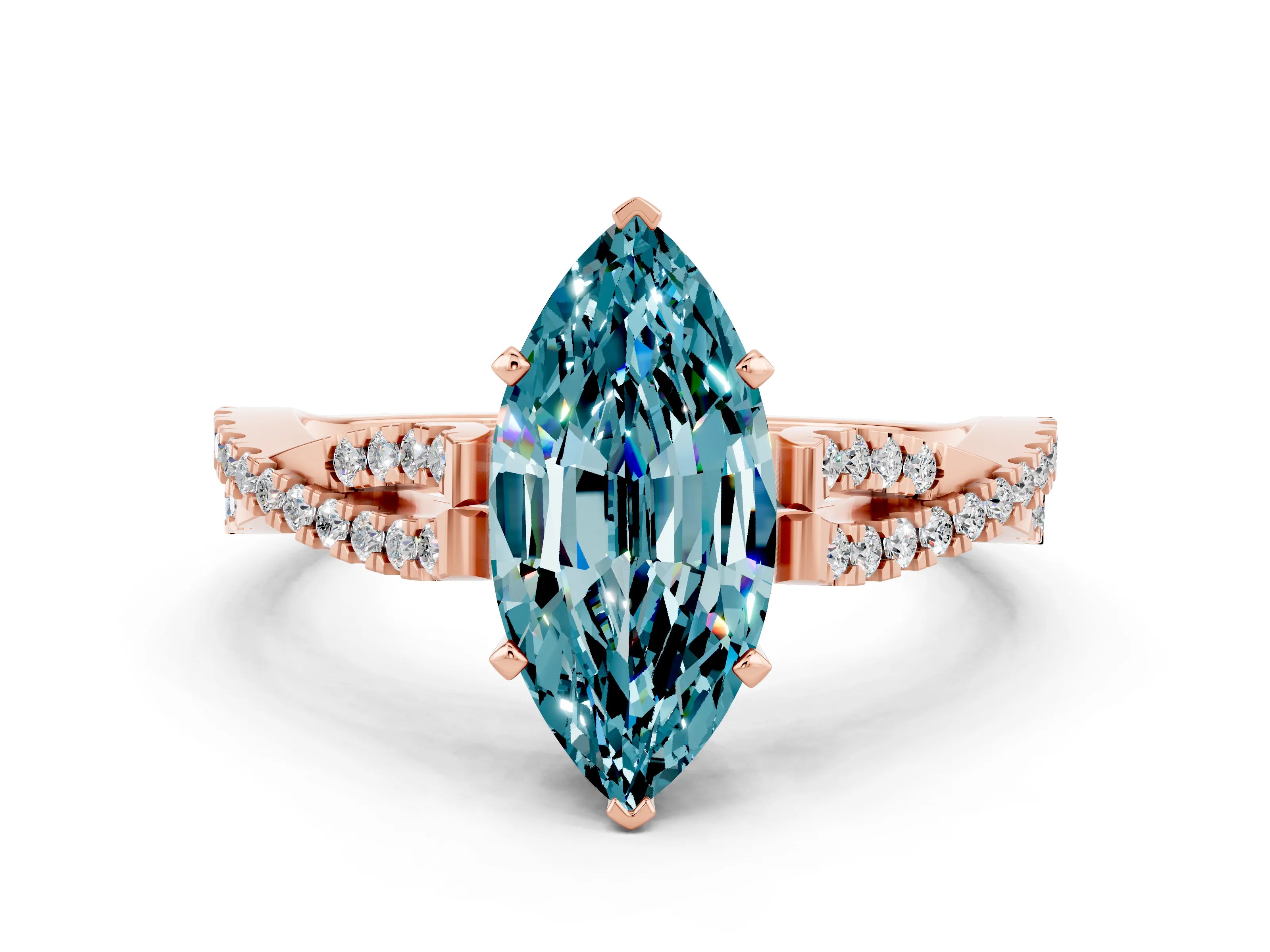 Rose gold Marquise Cut Blue Topaz Solitaire Engagement Ring with Twisted Pavé Band and Four-Prong Setting