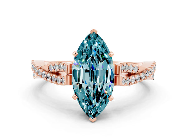 Rose gold Marquise Cut Blue Topaz Solitaire Engagement Ring with Twisted Pavé Band and Four-Prong Setting