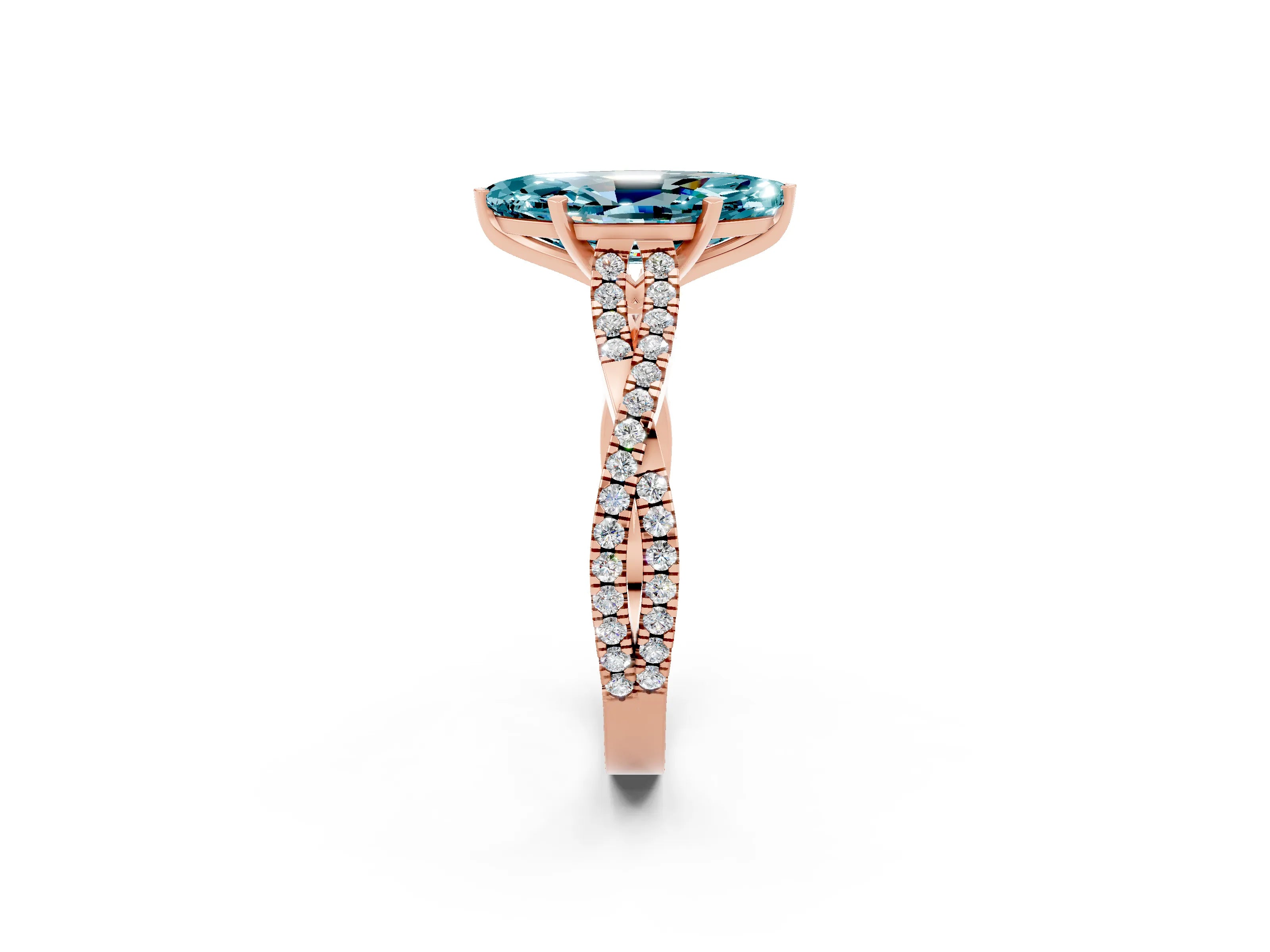 Rose gold Marquise Cut Blue Topaz Solitaire Engagement Ring with Twisted Pavé Band and Four-Prong Setting_2