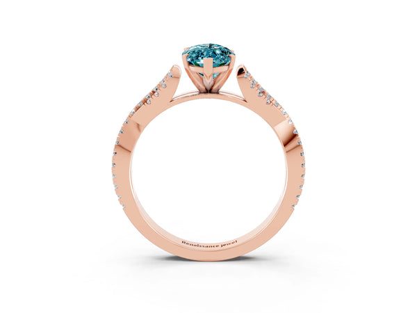 Rose gold Marquise Cut Blue Topaz Solitaire Engagement Ring with Twisted Pavé Band and Four-Prong Setting