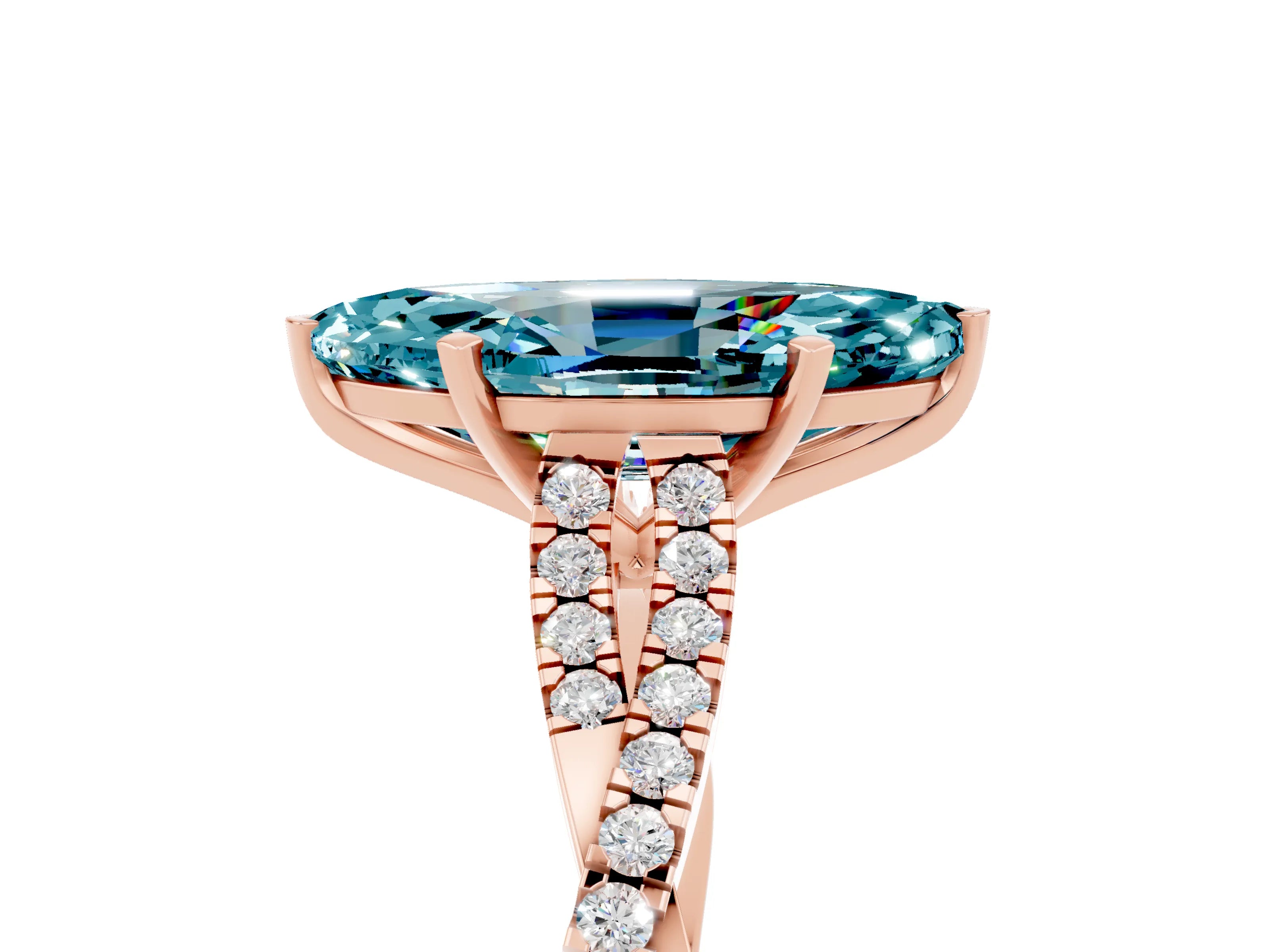 Rose gold Marquise Cut Blue Topaz Solitaire Engagement Ring with Twisted Pavé Band and Four-Prong Setting_5