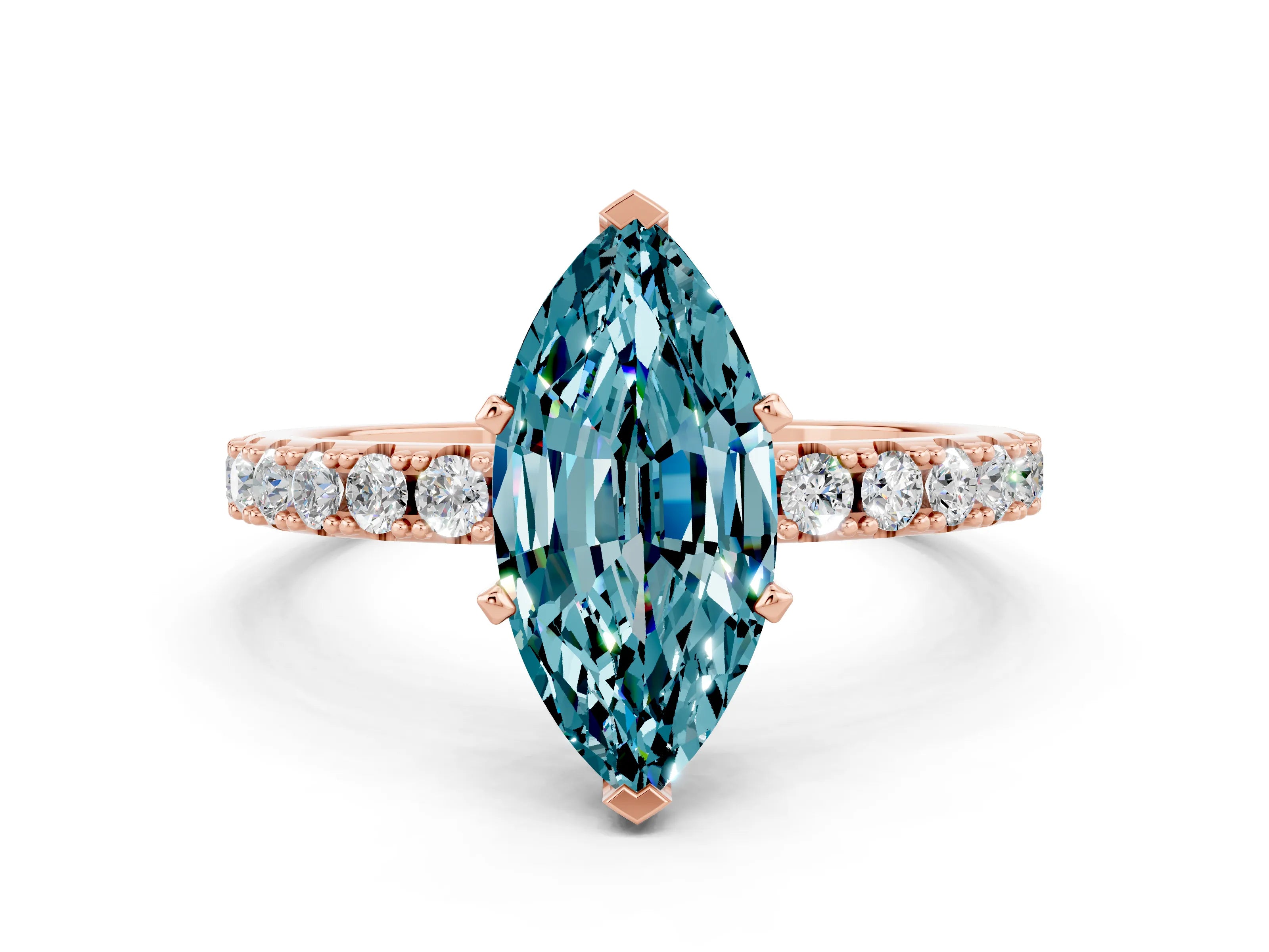 Rose gold Marquise Cut Blue Topaz Solitaire Pavé Band with Four-Prong Setting