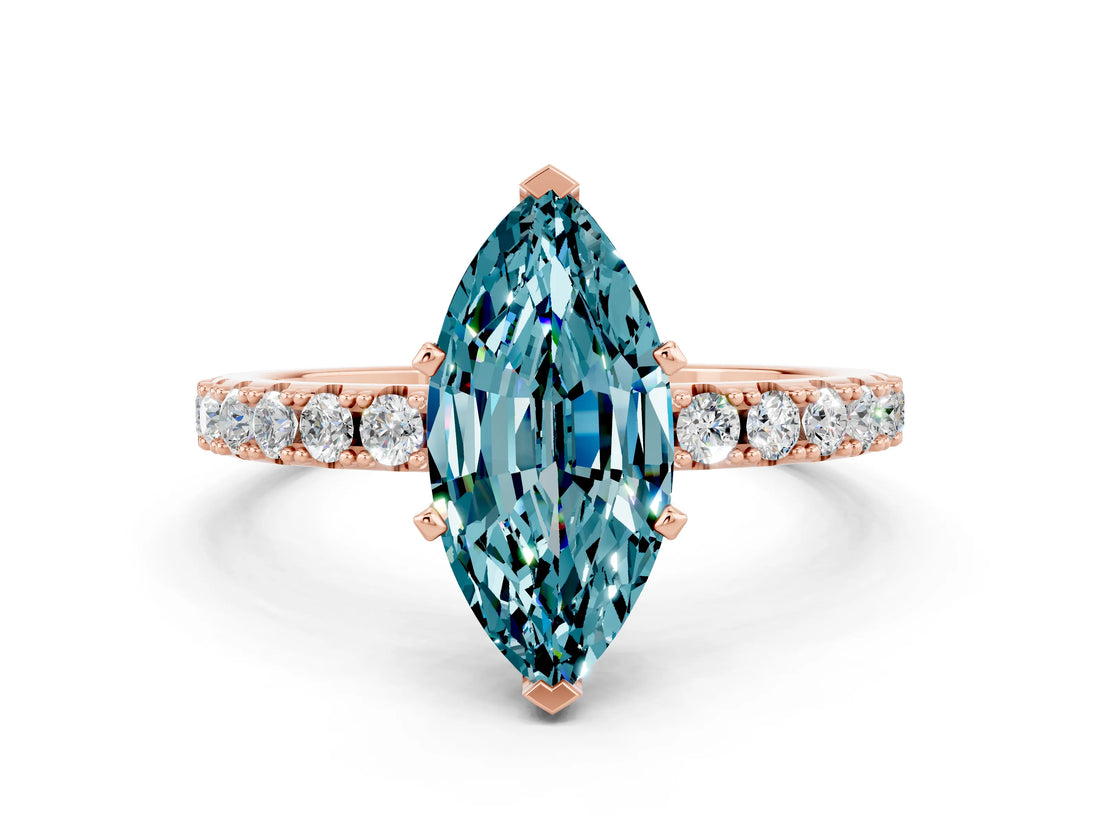Rose gold Marquise Cut Blue Topaz Solitaire Pavé Band with Four-Prong Setting