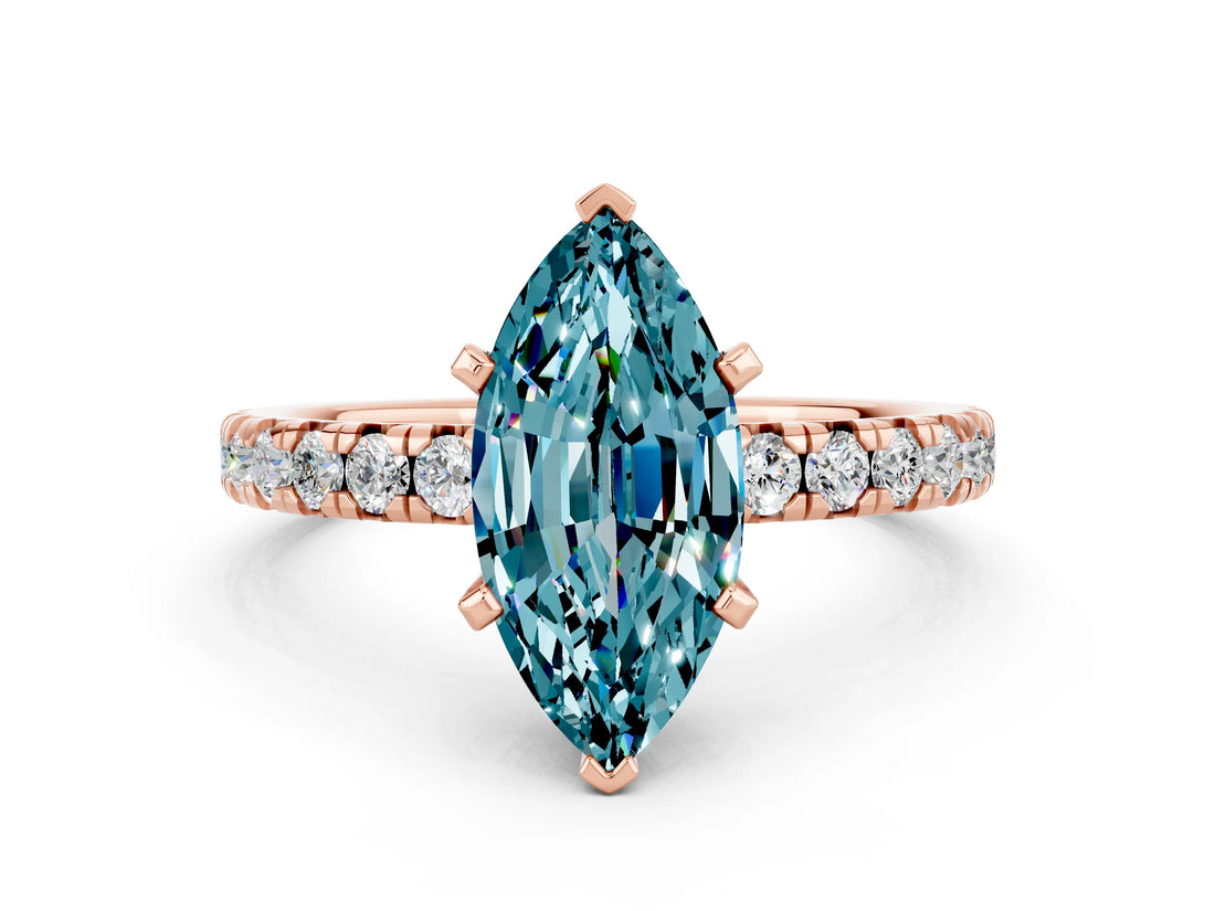 Rose gold Marquise Cut Blue Topaz Solitaire Pavé Engagement Ring with Round Band and Prong Setting_66