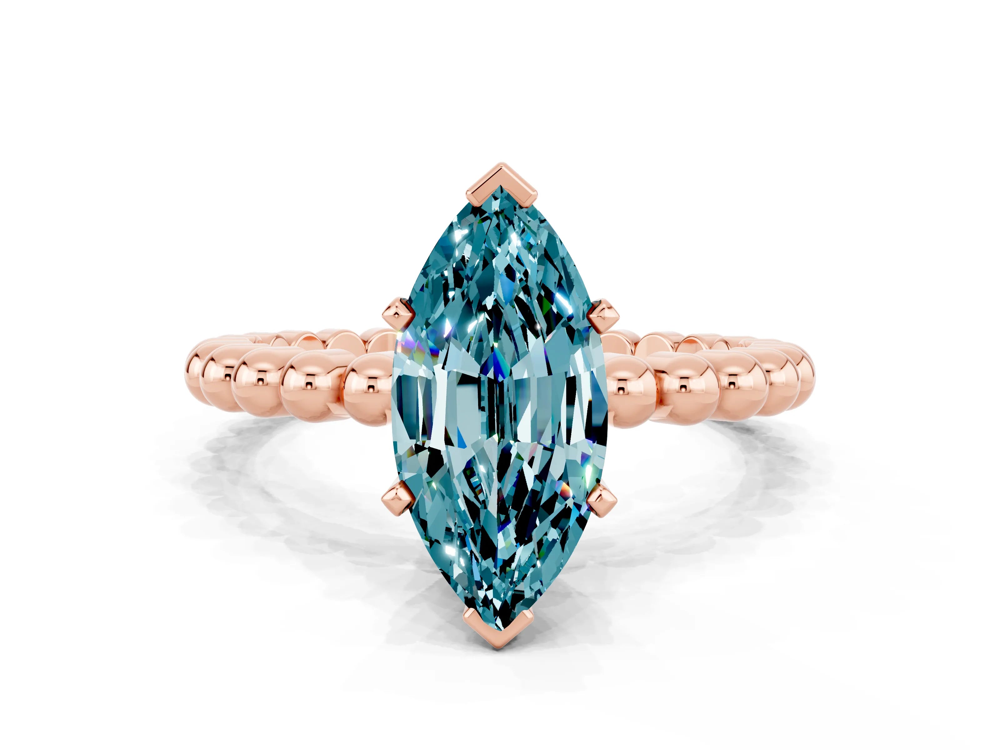 Rose gold Marquise Cut Blue Topaz Solitaire Ring with Beaded Band and Prong Setting