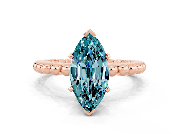 Rose gold Marquise Cut Blue Topaz Solitaire Ring with Beaded Band and Prong Setting