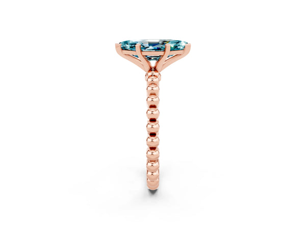 Rose gold Marquise Cut Blue Topaz Solitaire Ring with Beaded Band and Prong Setting
