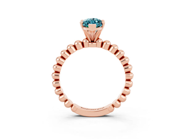 Rose gold Marquise Cut Blue Topaz Solitaire Ring with Beaded Band and Prong Setting
