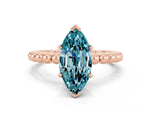 Rose gold Marquise Cut Blue Topaz Solitaire Ring with Beaded Band and Prong Setting