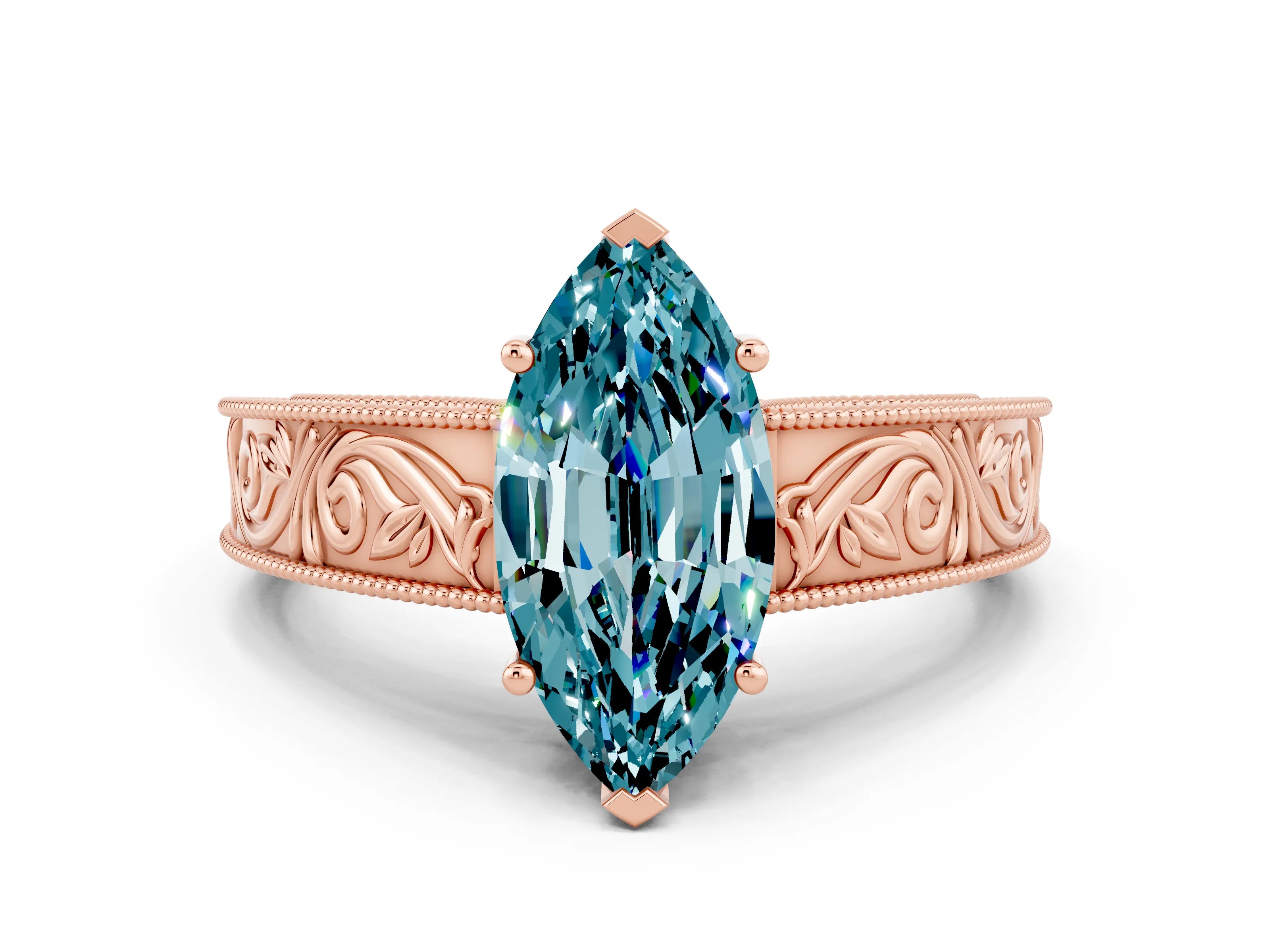 Rose gold Marquise Cut Blue Topaz Solitaire Ring with Engraved Band and Four-Prong Setting