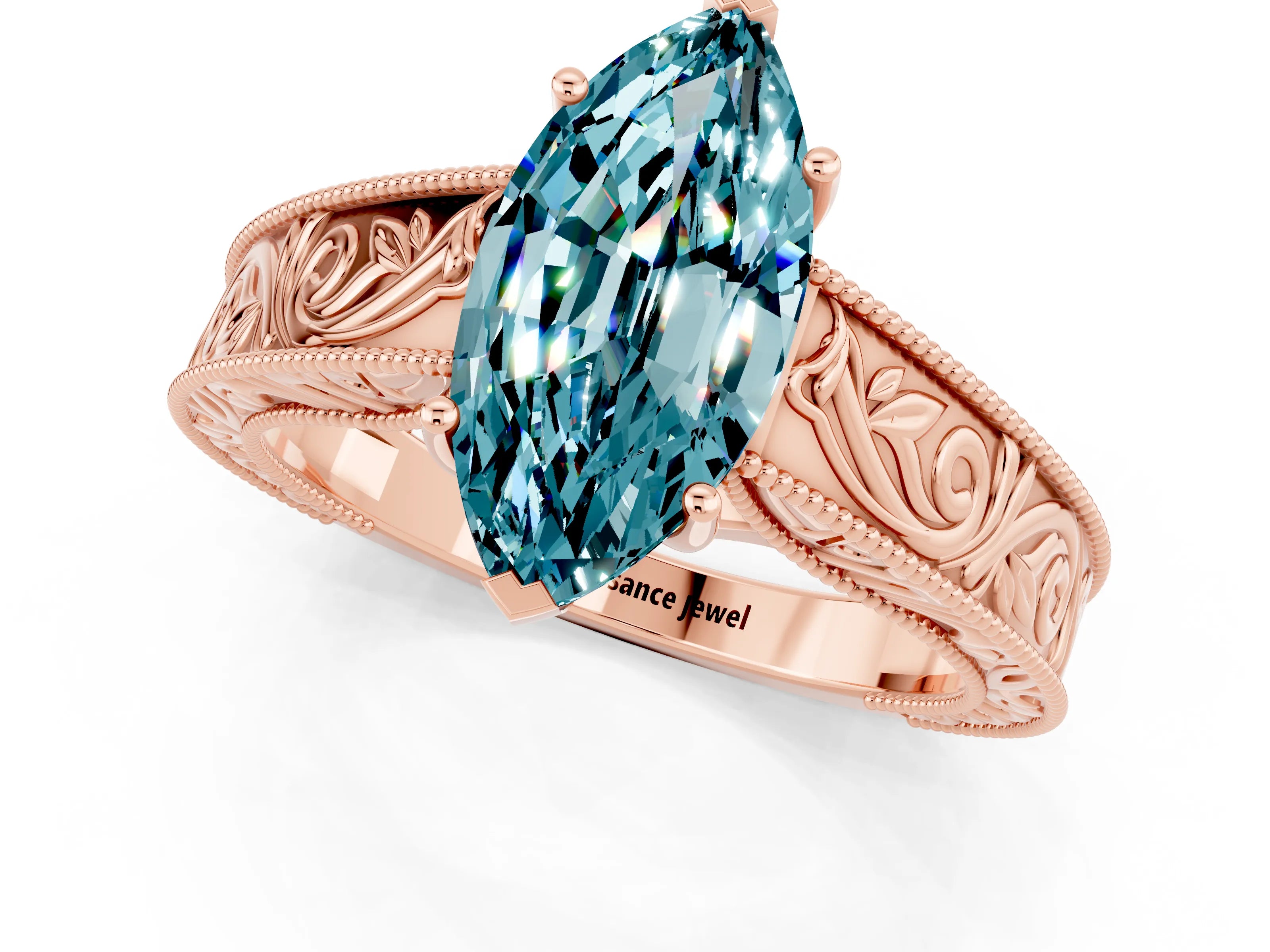 Rose gold Marquise Cut Blue Topaz Solitaire Ring with Engraved Band and Four-Prong Setting_1