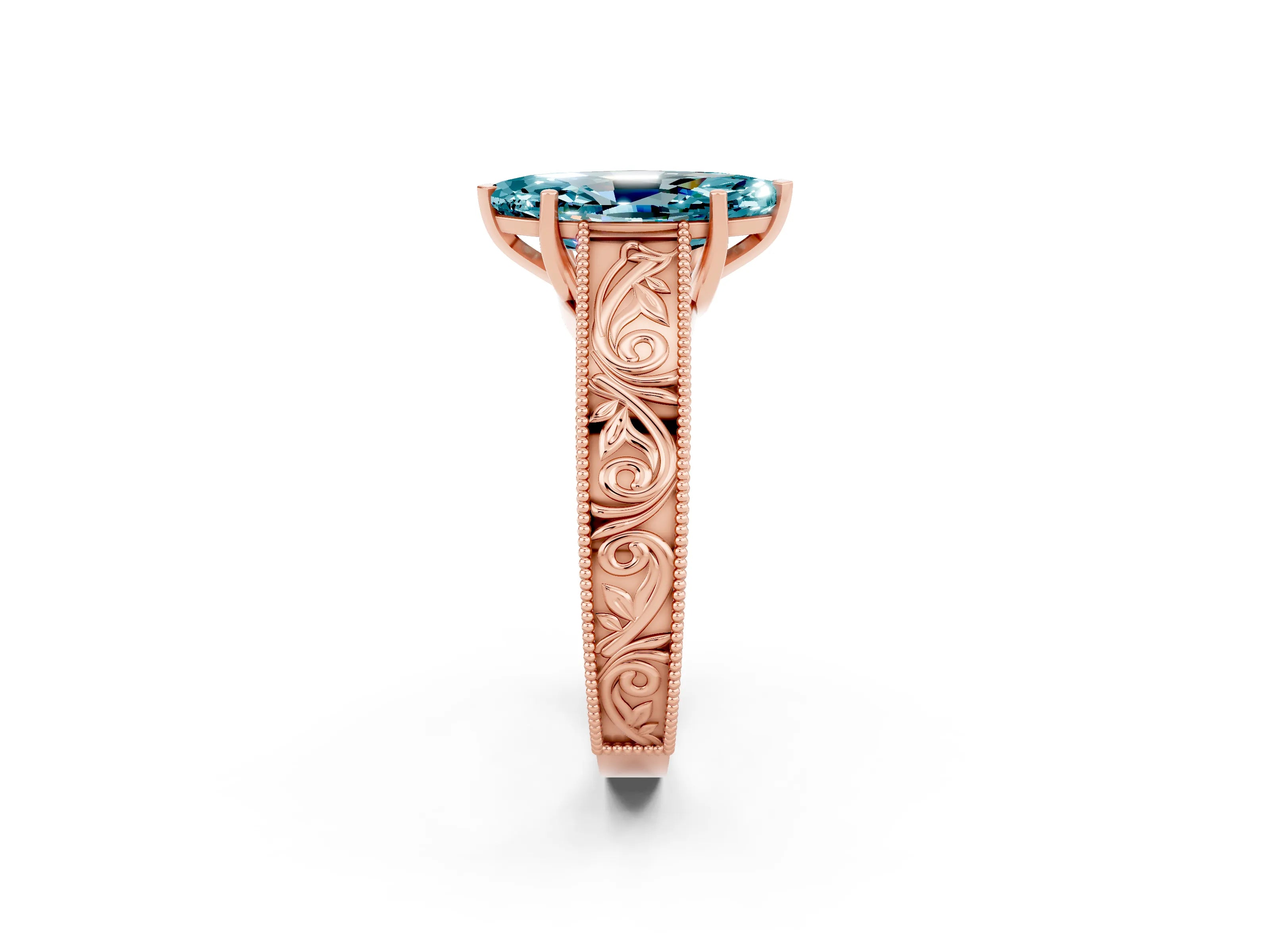 Rose gold Marquise Cut Blue Topaz Solitaire Ring with Engraved Band and Four-Prong Setting_2