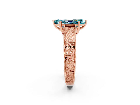 Rose gold Marquise Cut Blue Topaz Solitaire Ring with Engraved Band and Four-Prong Setting_2