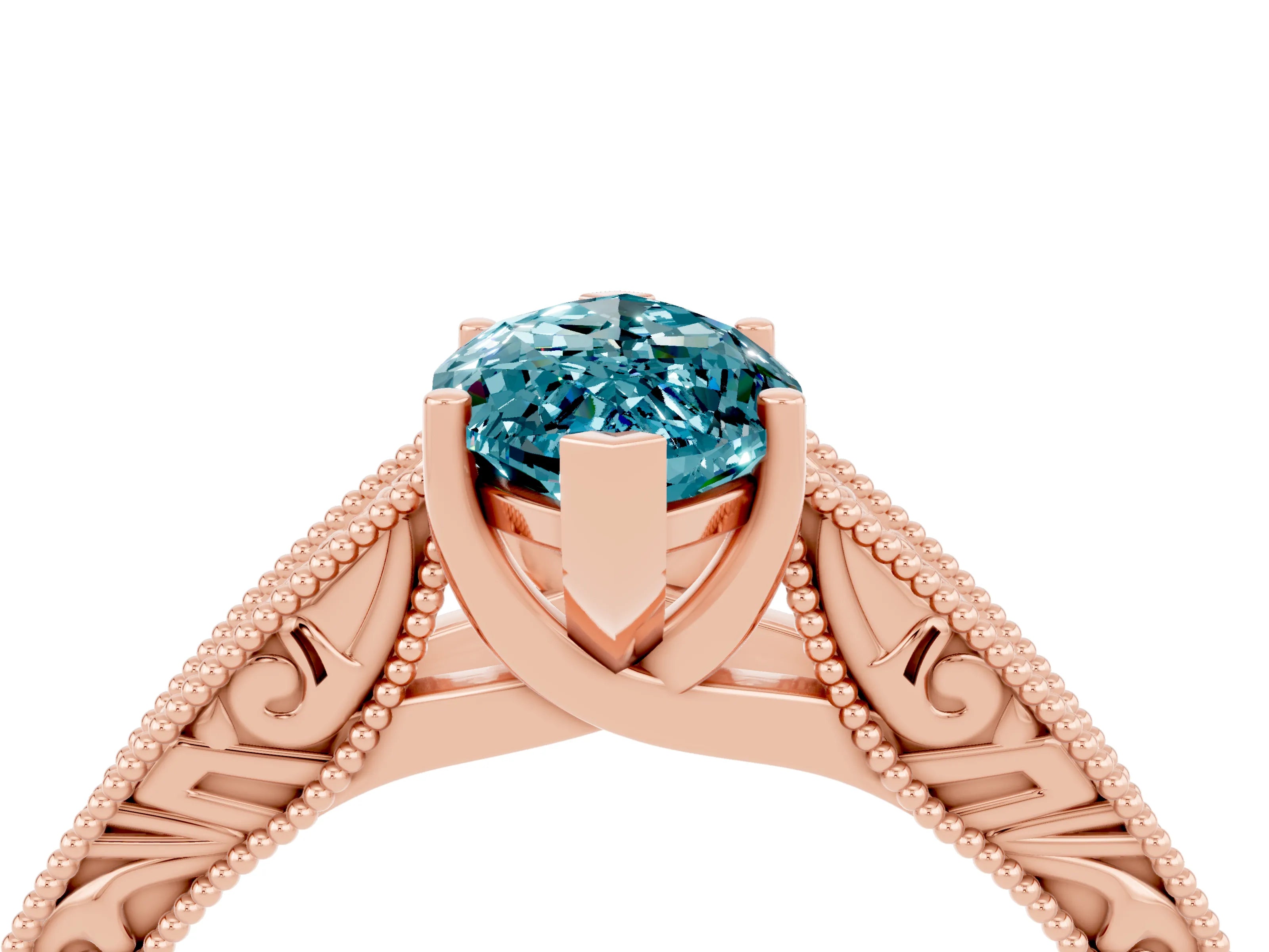 Rose gold Marquise Cut Blue Topaz Solitaire Ring with Engraved Band and Four-Prong Setting_4