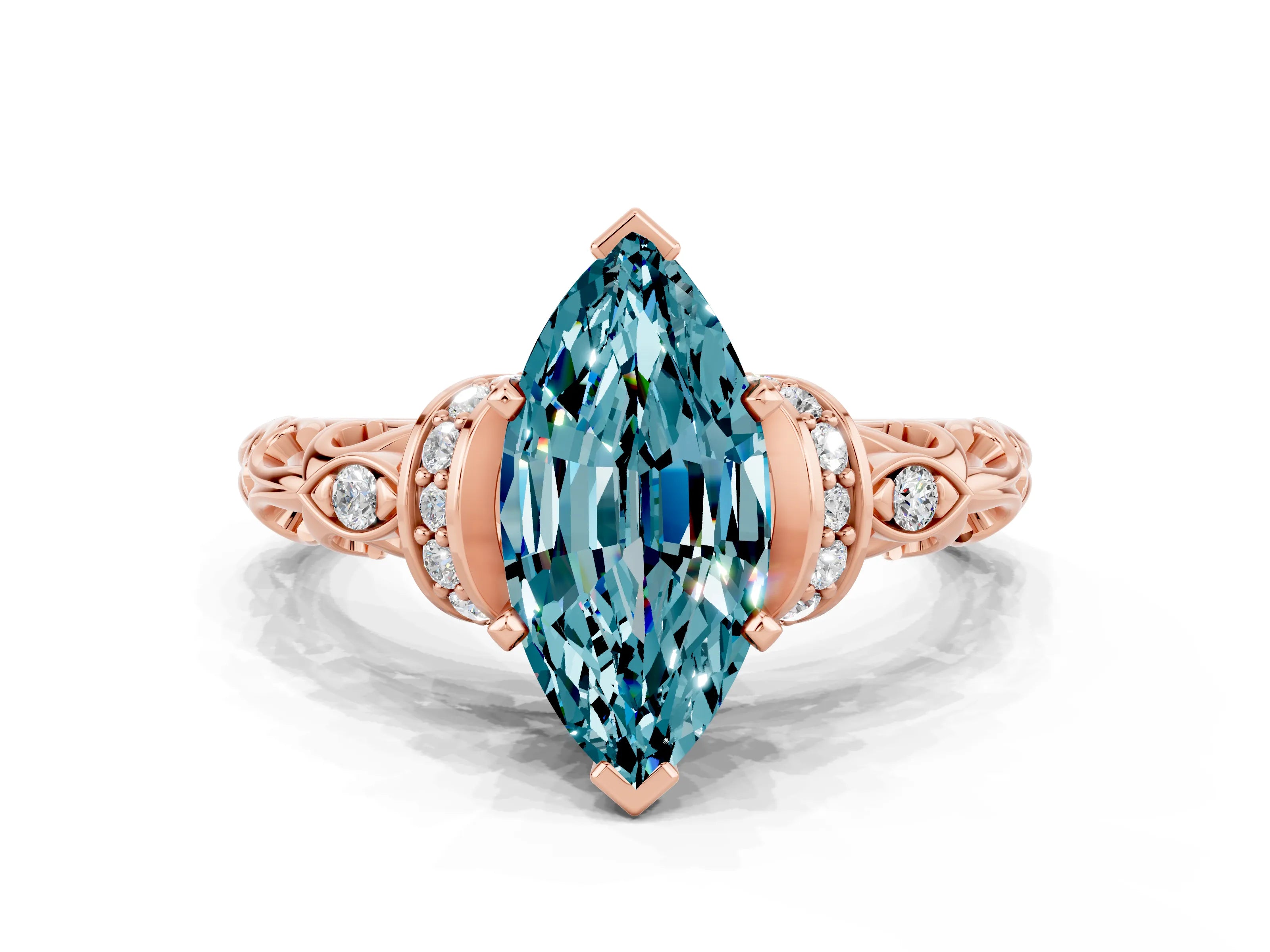 Rose gold Marquise Cut Blue Topaz Solitaire Ring with Filigree Band and Four-Prong Setting_24