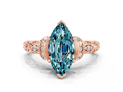 Rose gold Marquise Cut Blue Topaz Solitaire Ring with Filigree Band and Four-Prong Setting_24