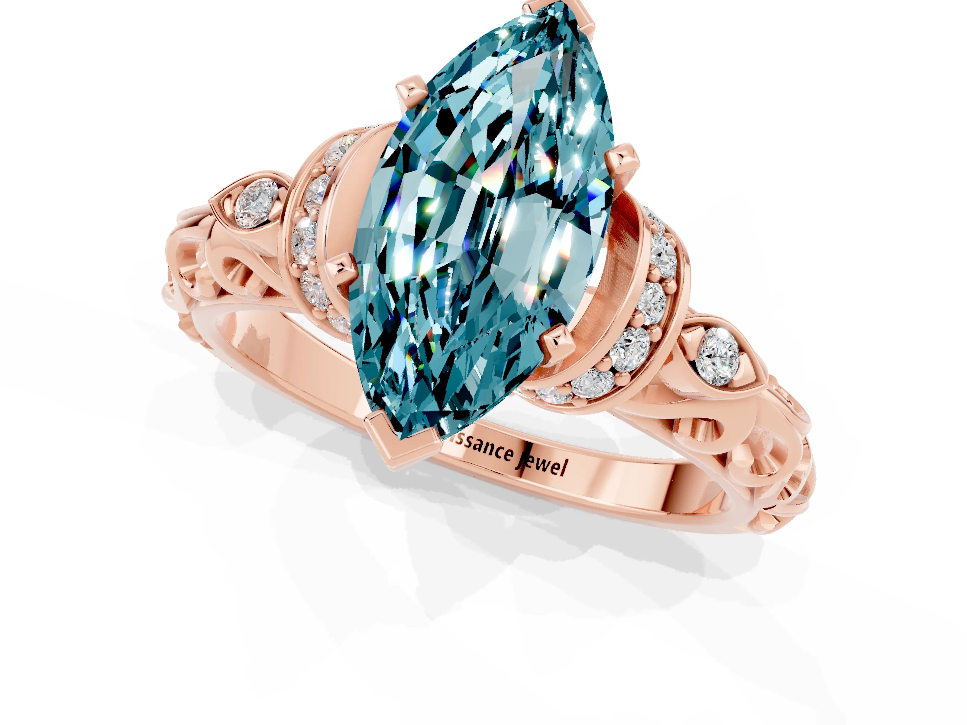 Rose gold Marquise Cut Blue Topaz Solitaire Ring with Filigree Band and Four-Prong Setting_25