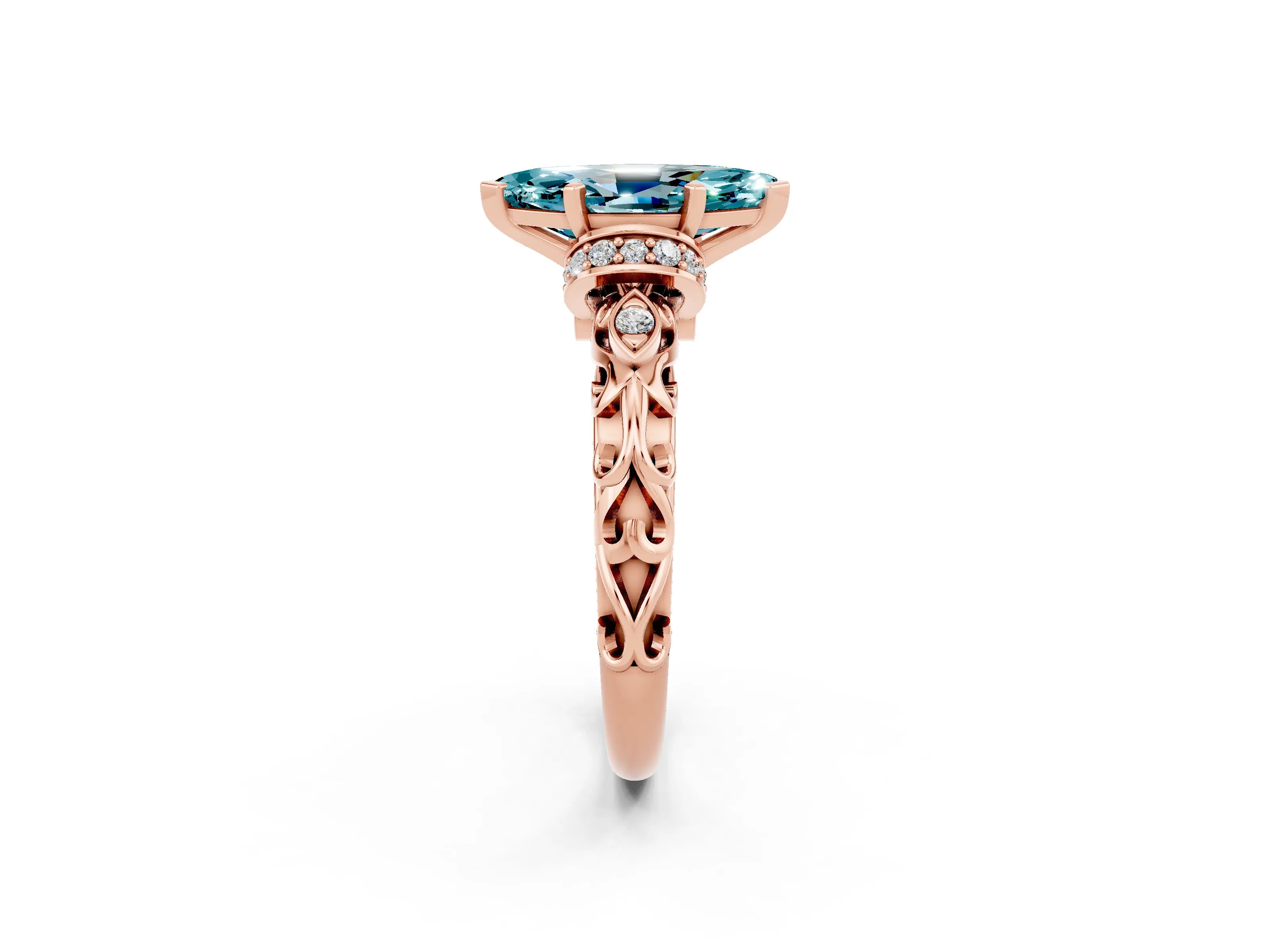 Rose gold Marquise Cut Blue Topaz Solitaire Ring with Filigree Band and Four-Prong Setting_26