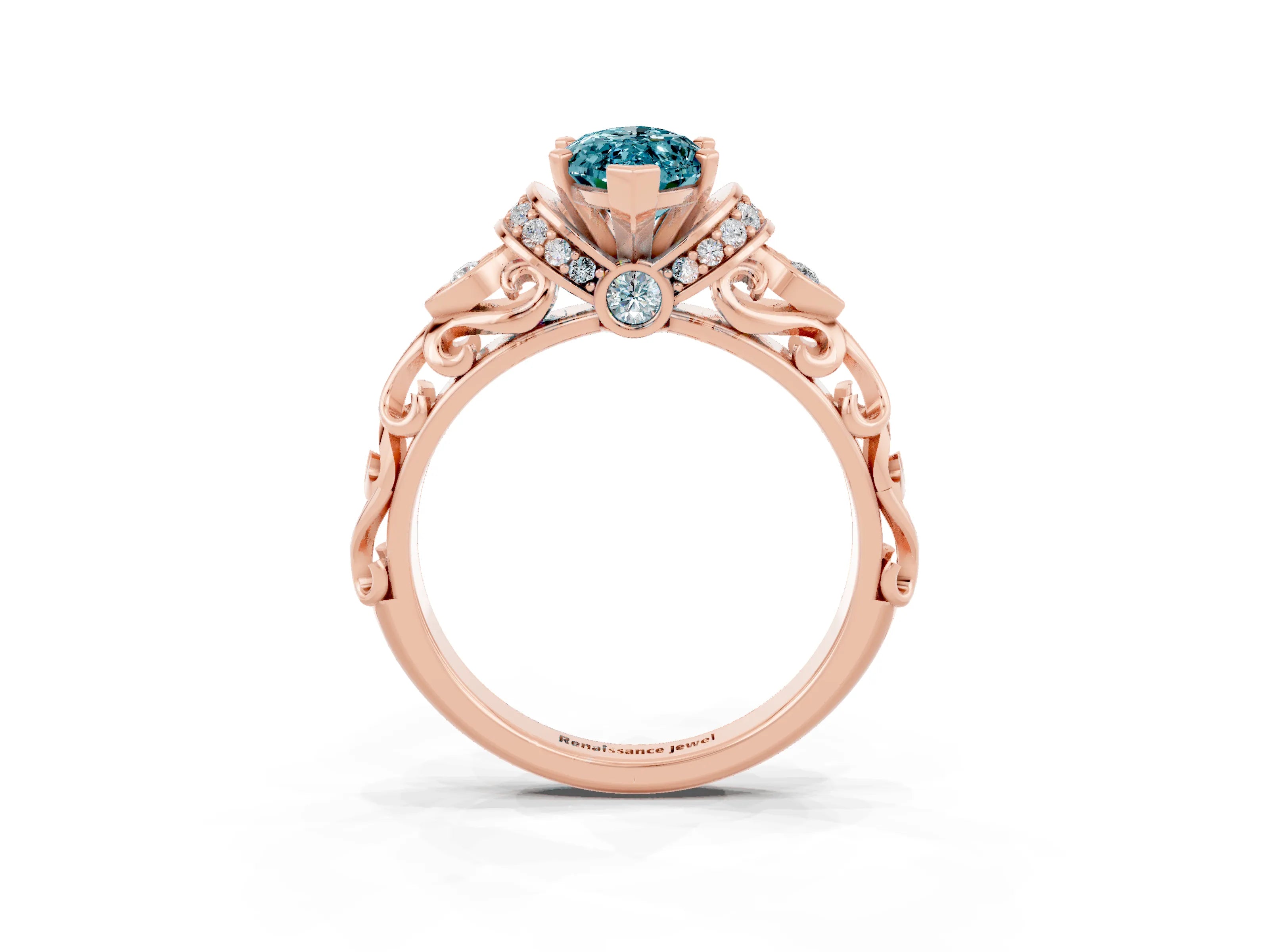 Rose gold Marquise Cut Blue Topaz Solitaire Ring with Filigree Band and Four-Prong Setting_27