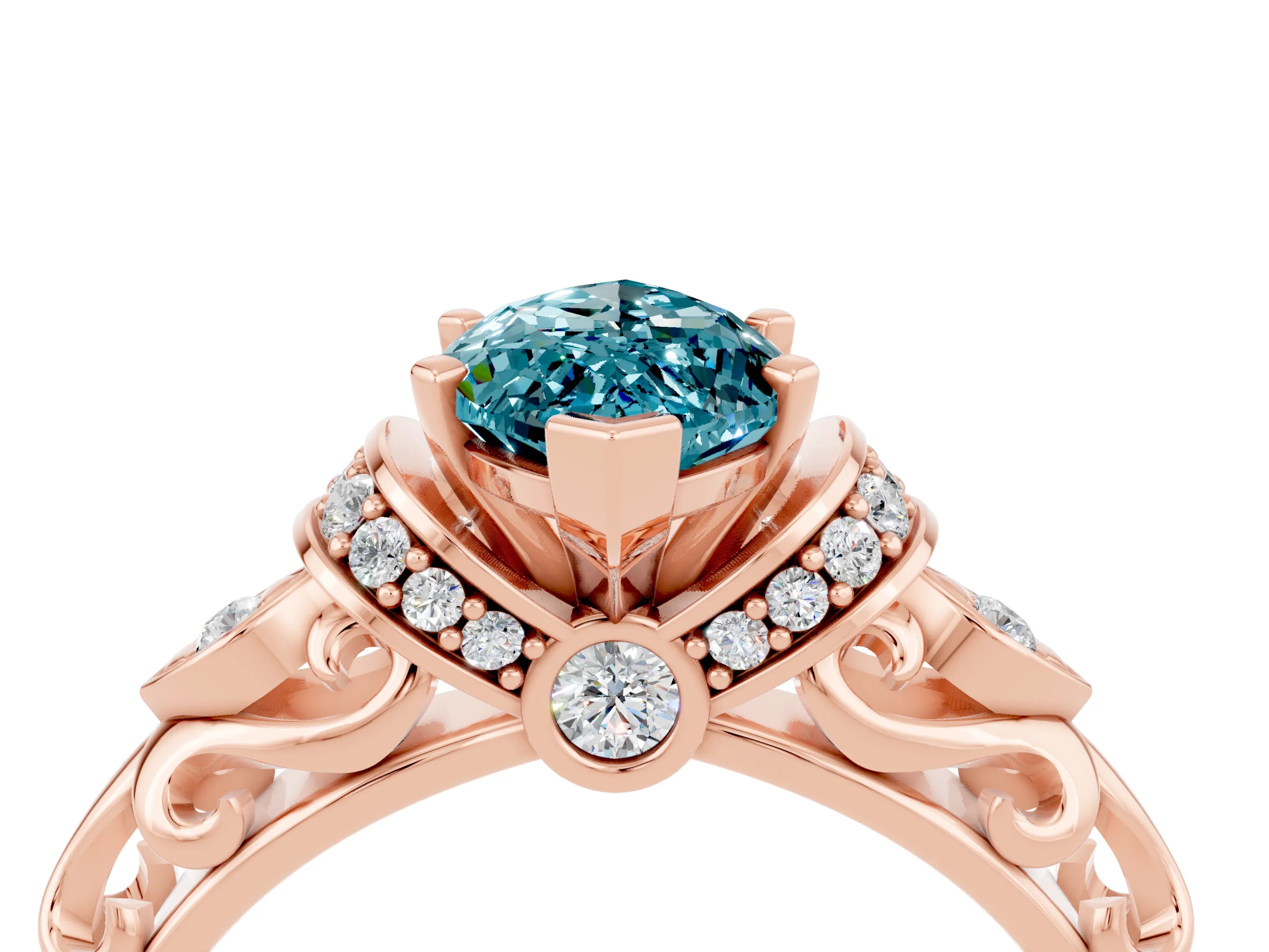 Rose gold Marquise Cut Blue Topaz Solitaire Ring with Filigree Band and Four-Prong Setting_28