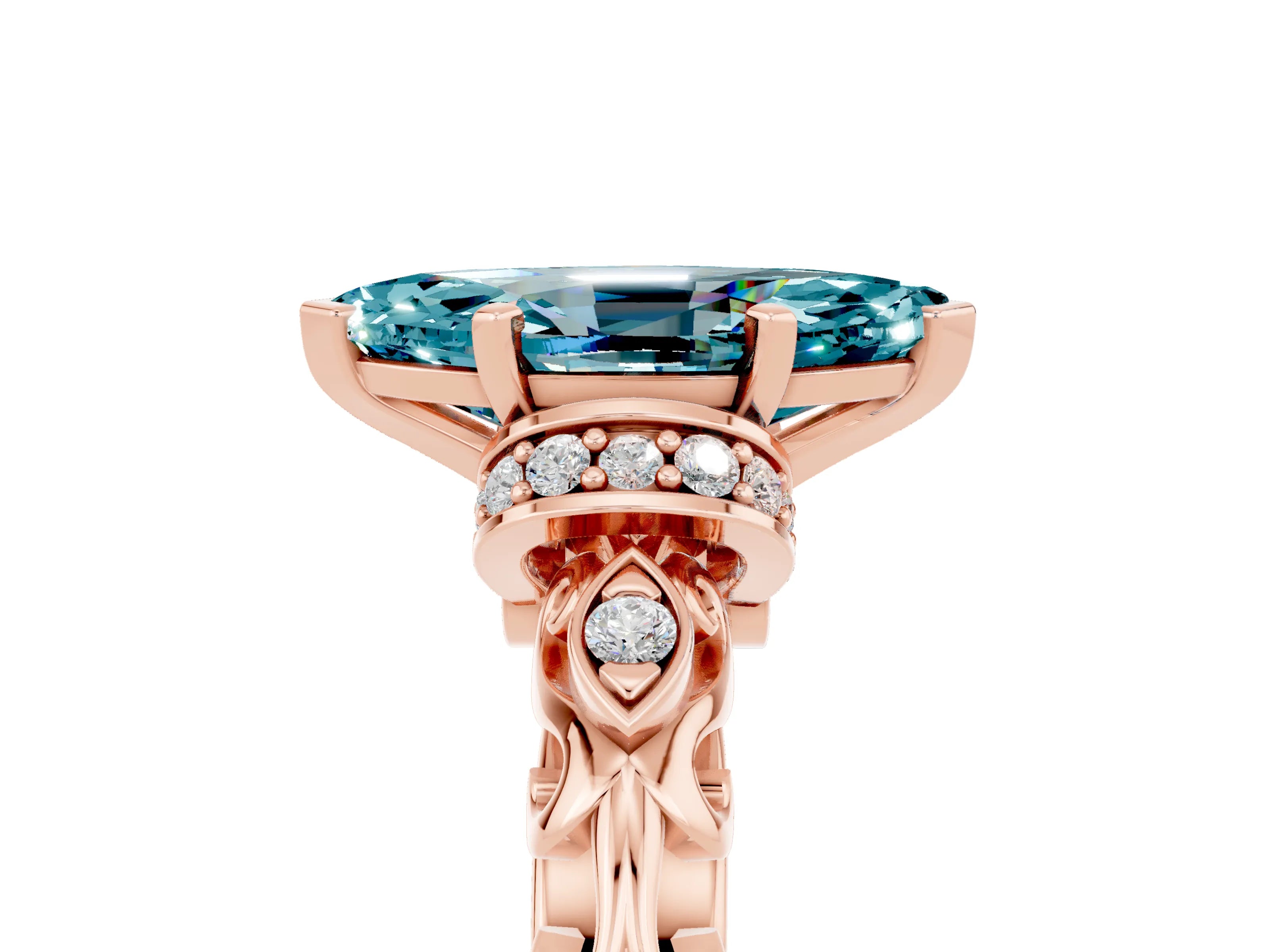 Rose gold Marquise Cut Blue Topaz Solitaire Ring with Filigree Band and Four-Prong Setting_29