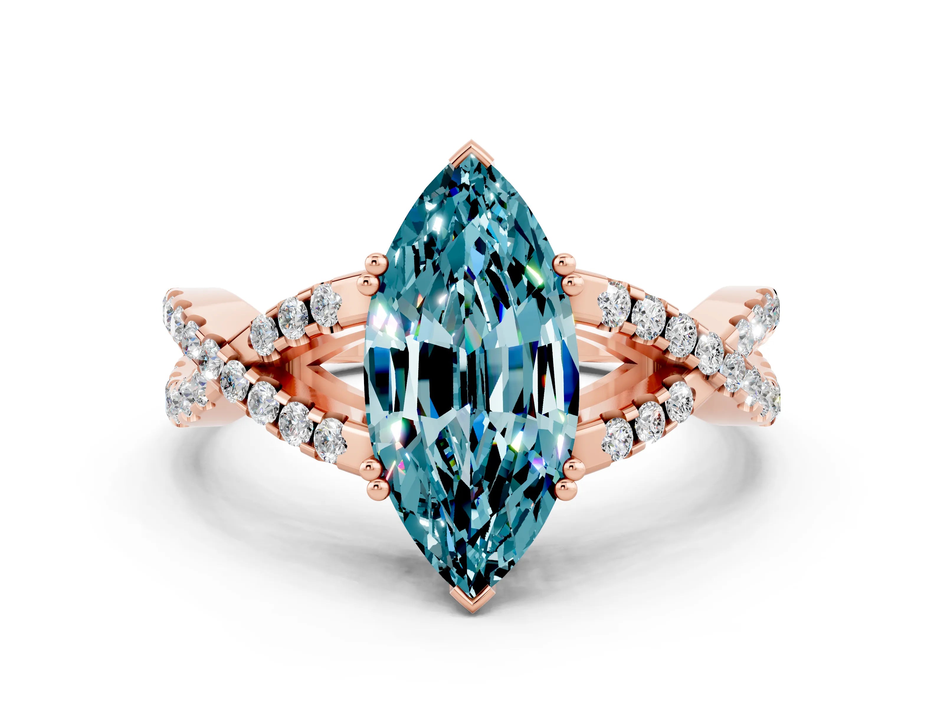 Rose gold Marquise Cut Blue Topaz Solitaire Ring with Four-Prong Setting and Twisted Pavé Band